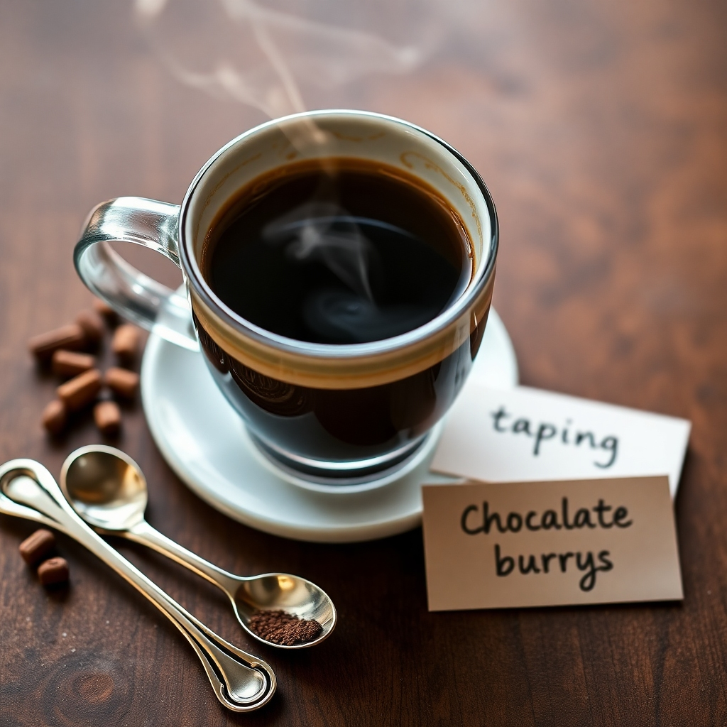Create a photorealistic close-up image of a cup of freshly brewed coffee, with visible steam rising. Next to the cup, arrange small tasting spoons and a card with tasting notes written on it, such as 'chocolate', 'berries', 'nutty'. Use soft, warm lighting to create an inviting atmosphere. The camera angle should be slightly above, emphasizing the cup and tasting notes. Style reference: food photography with a focus on detail and texture. Technical specs: 4K resolution, high quality.