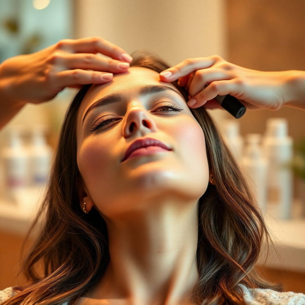 Create a photorealistic close-up image of a woman receiving a luxurious hair treatment in a salon, with focus on the application of the product and the healthy shine of the hair. Lighting should be soft and warm, creating a relaxing and pampering atmosphere. The background should be a blurred spa-like environment. Style reference: spa and wellness photography. Technical specs: High resolution.