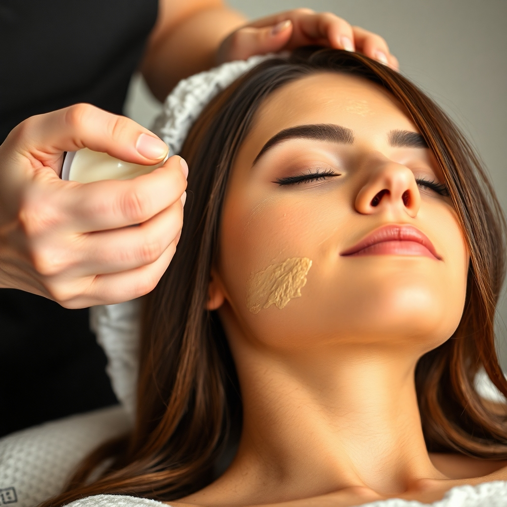 Create a photorealistic close-up image of a woman receiving a hair mask treatment in a salon. The composition should focus on the texture of the hair and the application of the product. Lighting should be soft and diffused, creating a relaxing spa-like atmosphere.
