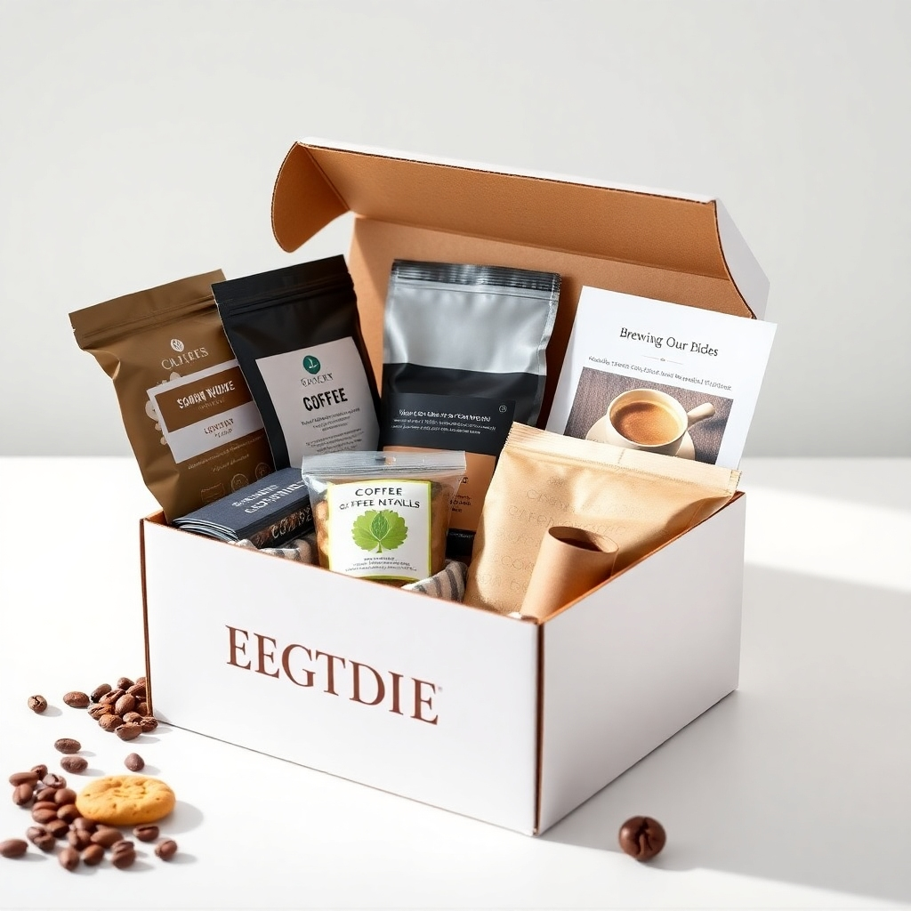 Create a photorealistic image of a monthly coffee subscription box. The box should contain different types of coffee beans, brewing guides, and small treats like cookies or chocolate. The presentation should be neat and visually appealing. Use bright, even lighting to showcase the contents. Style reference: unboxing photography. 4K resolution, high quality.