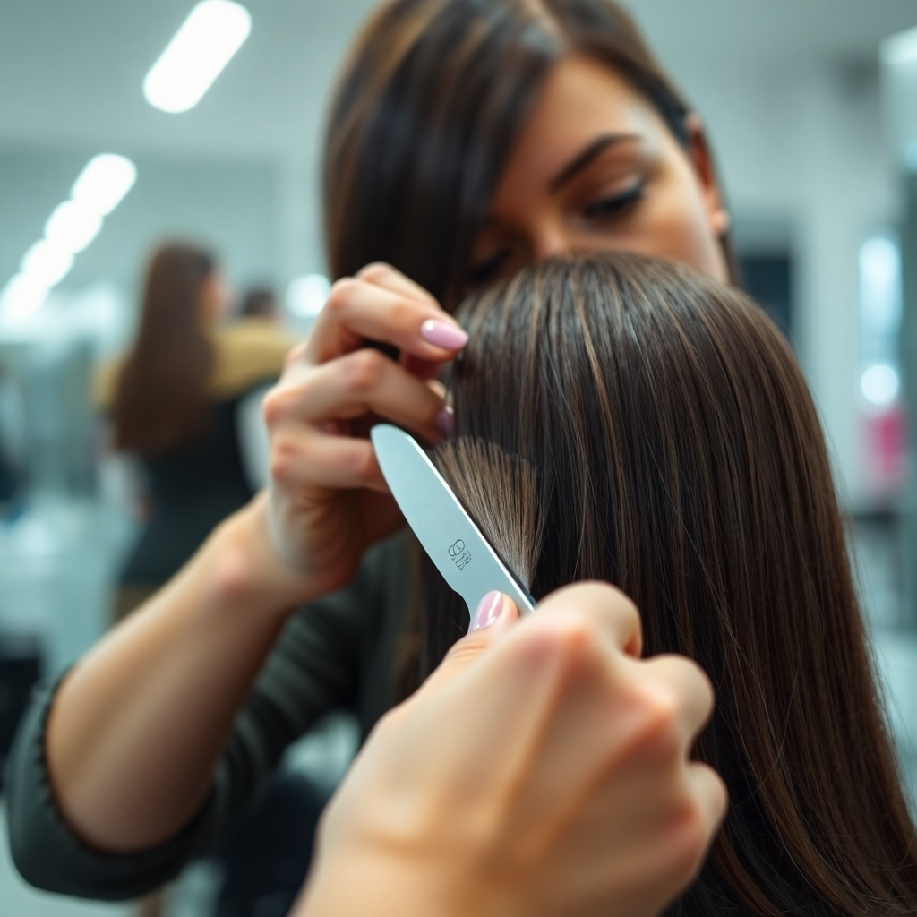 Create a photorealistic image of a stylist carefully cutting a client's hair with precision. The focus should be on the stylist's hands and the hair being cut. Lighting should be focused and professional, highlighting the detail of the cut. The background should be a clean and modern salon setting. Style reference: professional hair styling photography. Technical specs: High resolution.