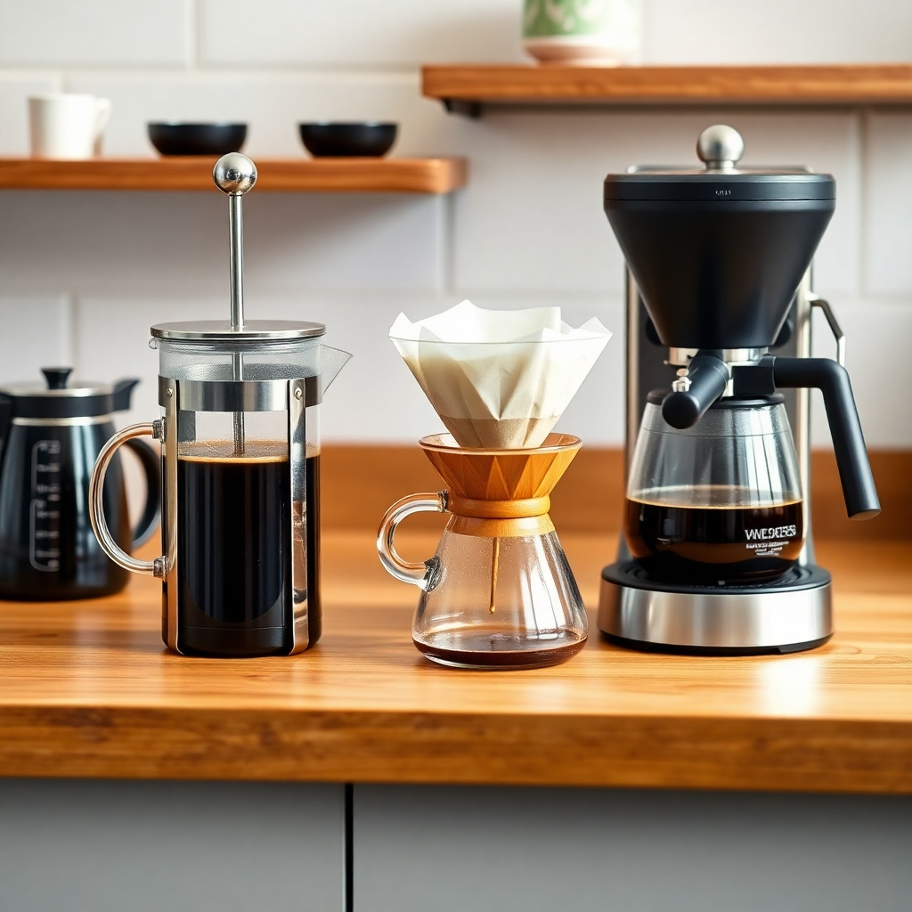 Create a photorealistic image showing various coffee brewing methods (French press, pour-over, espresso machine) arranged on a clean, wooden countertop. Each brewing method should be partially complete, with coffee being brewed or prepared. Use bright, even lighting to showcase the different equipment and techniques. The camera angle should be slightly above, providing a clear view of the preparation process. Style reference: instructional food photography. Technical specs: 4K resolution, high quality.