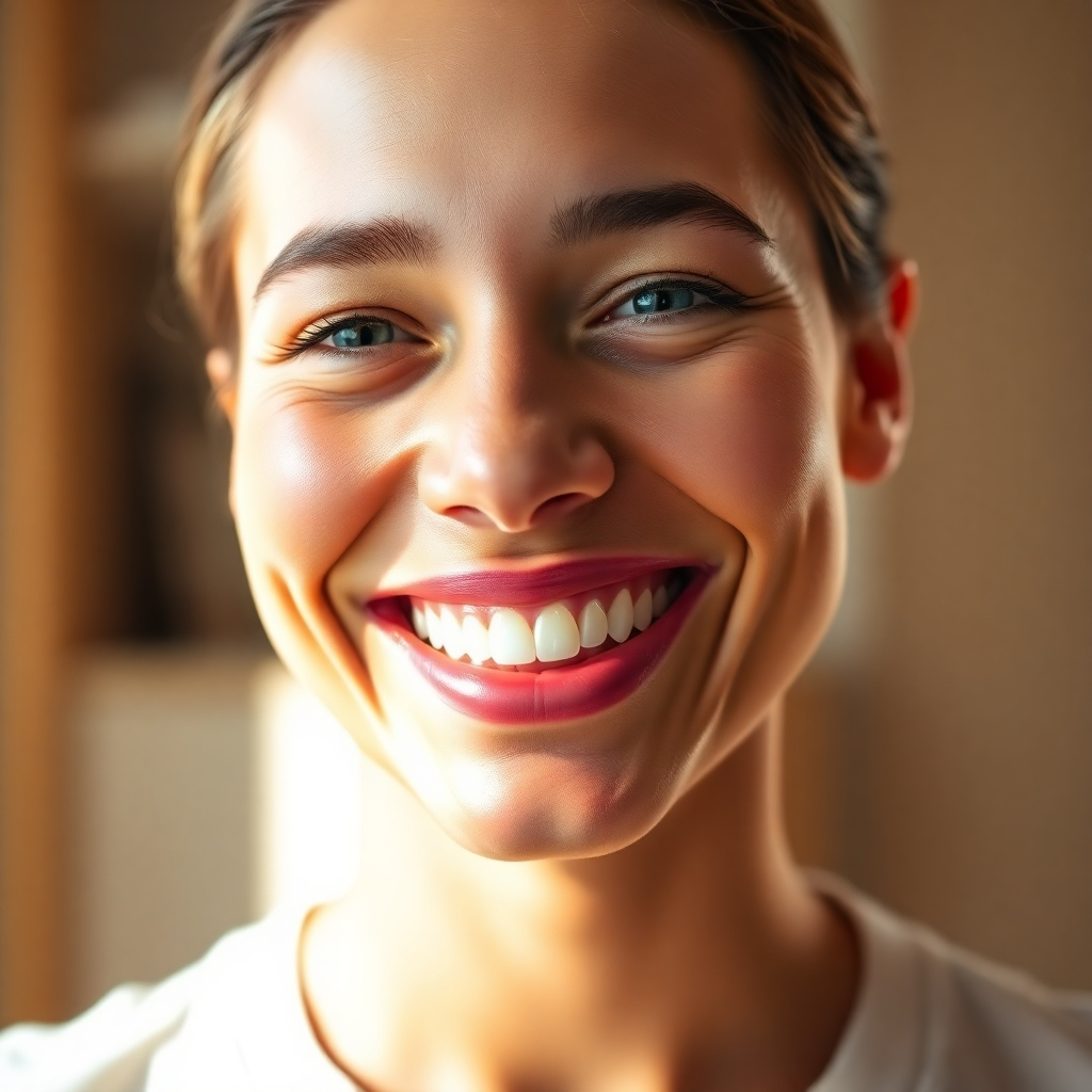 Create a photorealistic image showcasing the lasting results of a dental treatment. Depict a person with a confident and radiant smile, years after receiving treatment at Dentalis Studio. The background should be blurred, emphasizing the person's smile. The lighting should be natural and flattering, highlighting the health and beauty of the smile. The color palette should be warm and vibrant, conveying a sense of happiness and well-being. Capture the image in 4K resolution, showcasing the details of the healthy smile.
