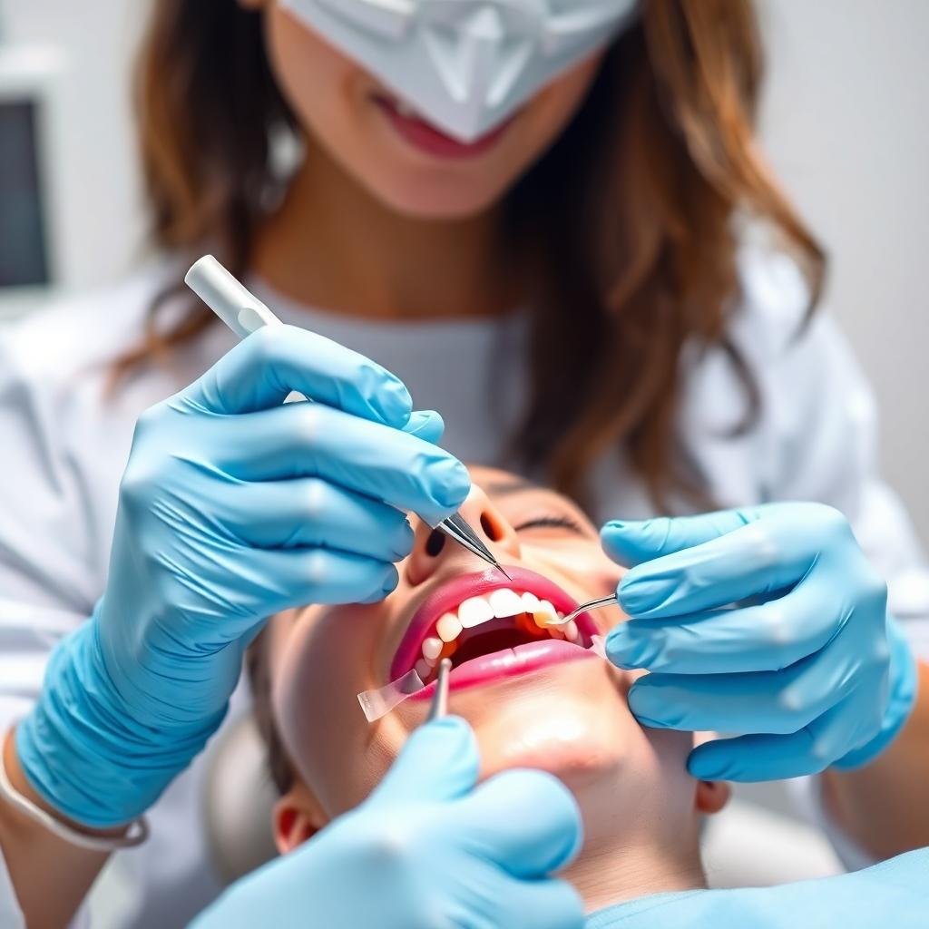 Create a photorealistic image of a dental hygienist performing a professional teeth cleaning on a patient. The image should focus on the hygienist's skilled hands and the dental tools being used. The background should be a clean and modern dental clinic setting. The lighting should be bright and focused, highlighting the cleanliness and precision of the procedure. The color palette should be primarily white and blue, conveying a sense of hygiene and professionalism. Capture the image in 4K resolution, showcasing the details of the dental tools and the patient's teeth.