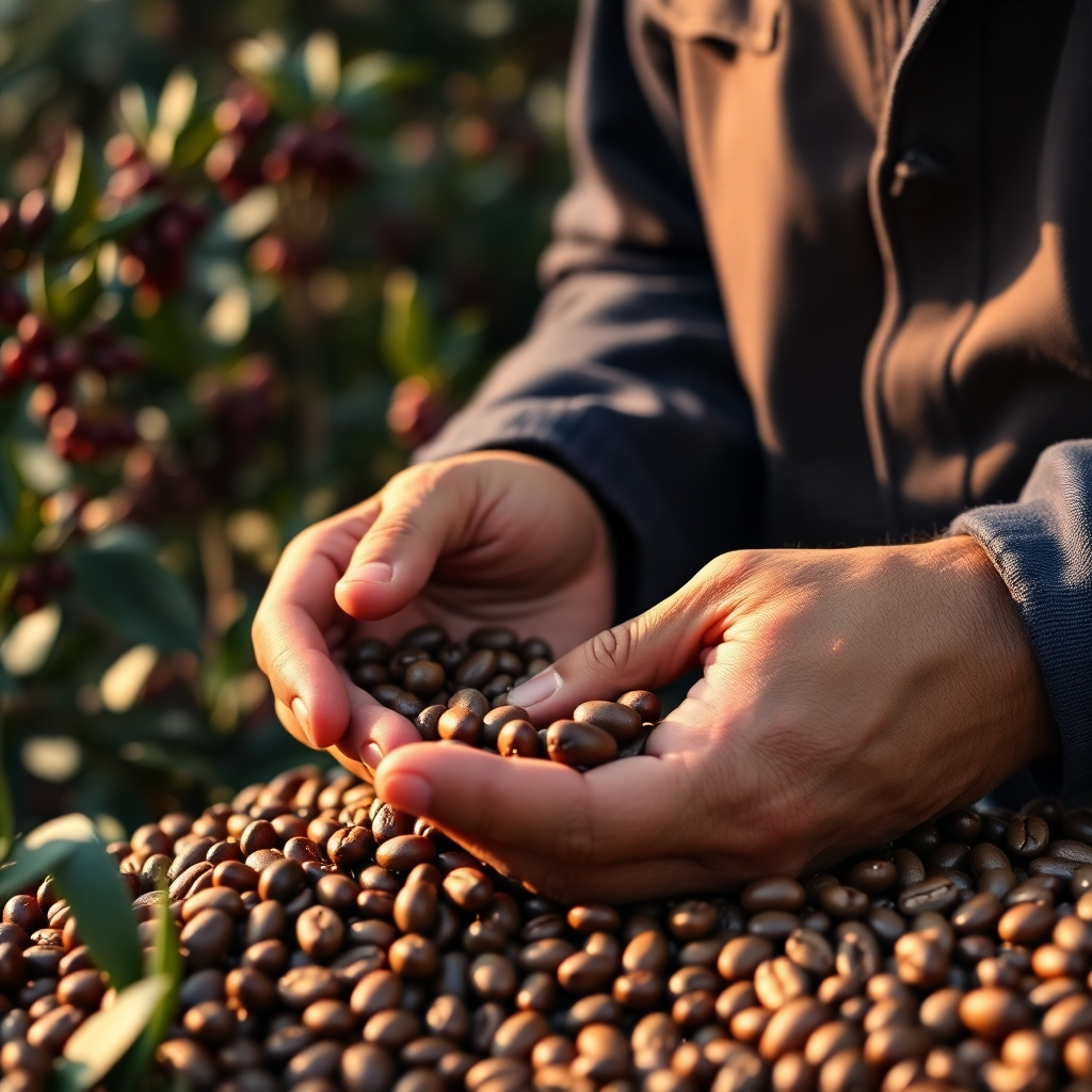 Create a photorealistic image representing Axxl Cofee's mission of providing a variety of high-quality coffees. The image should feature a coffee expert carefully selecting coffee beans, with a focus on their hands and the quality of the beans. The background should include coffee plants or a coffee farm landscape, subtly blurred to keep the focus on the selection process. Use warm, natural lighting to highlight the richness of the coffee beans. Capture the texture details of the beans and the expert's hands. The camera angle should be close-up, emphasizing the care and attention to detail. Style reference: documentary photography with a touch of warmth and earth tones. Technical specs: 4K resolution, high quality.