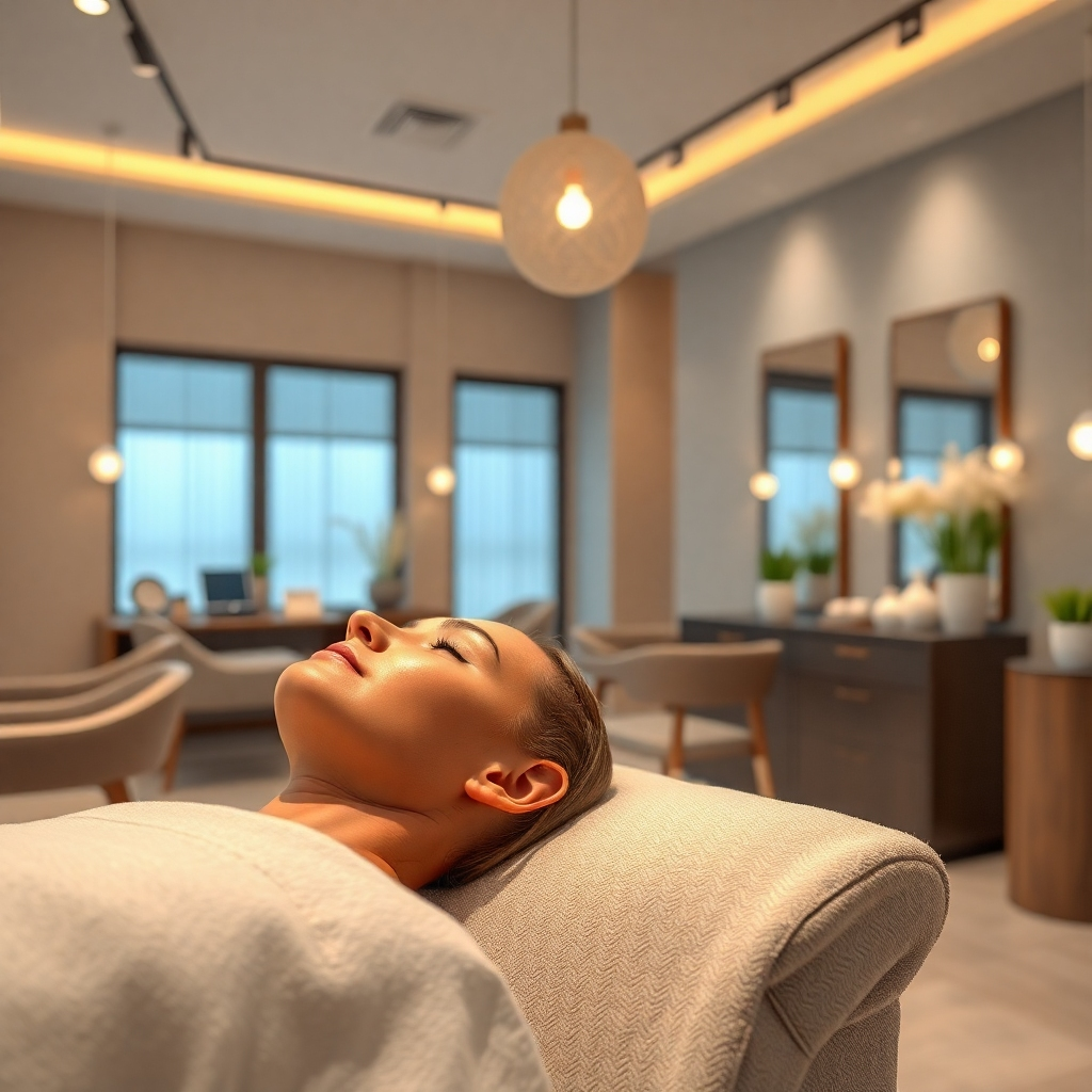 Create a photorealistic image of a salon interior, with a customer receiving a head massage in a relaxing atmosphere, soft lighting and calming colors. Style reference: spa and salon relaxation photography. Technical specs: High resolution.