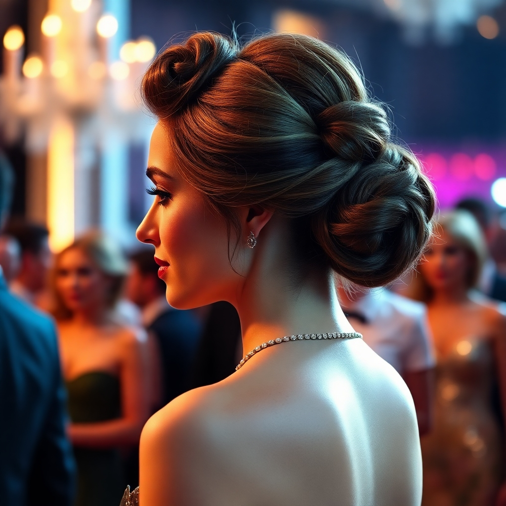 Create a photorealistic image of a woman with an elegant updo hairstyle, dressed in formal attire, attending a gala event. The lighting should be soft and romantic, highlighting the beauty of the hairstyle and the overall elegance of the scene. The background should be a blurred image of a glamorous event. Style reference: celebrity red carpet photography. Technical specs: High resolution.