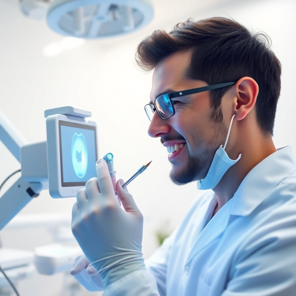 Create a photorealistic image of a dentist using advanced diagnostic technology (e.g., intraoral scanner) to examine a patient's teeth. The image should focus on the technology and the dentist's precision, with a soft background showing a modern dental clinic. Lighting should be bright and clean, emphasizing the details of the technology. The color palette should be primarily white and silver, with subtle accents of blue. Capture the image in a 4K resolution, highlighting the clarity and detail of the diagnostic equipment.