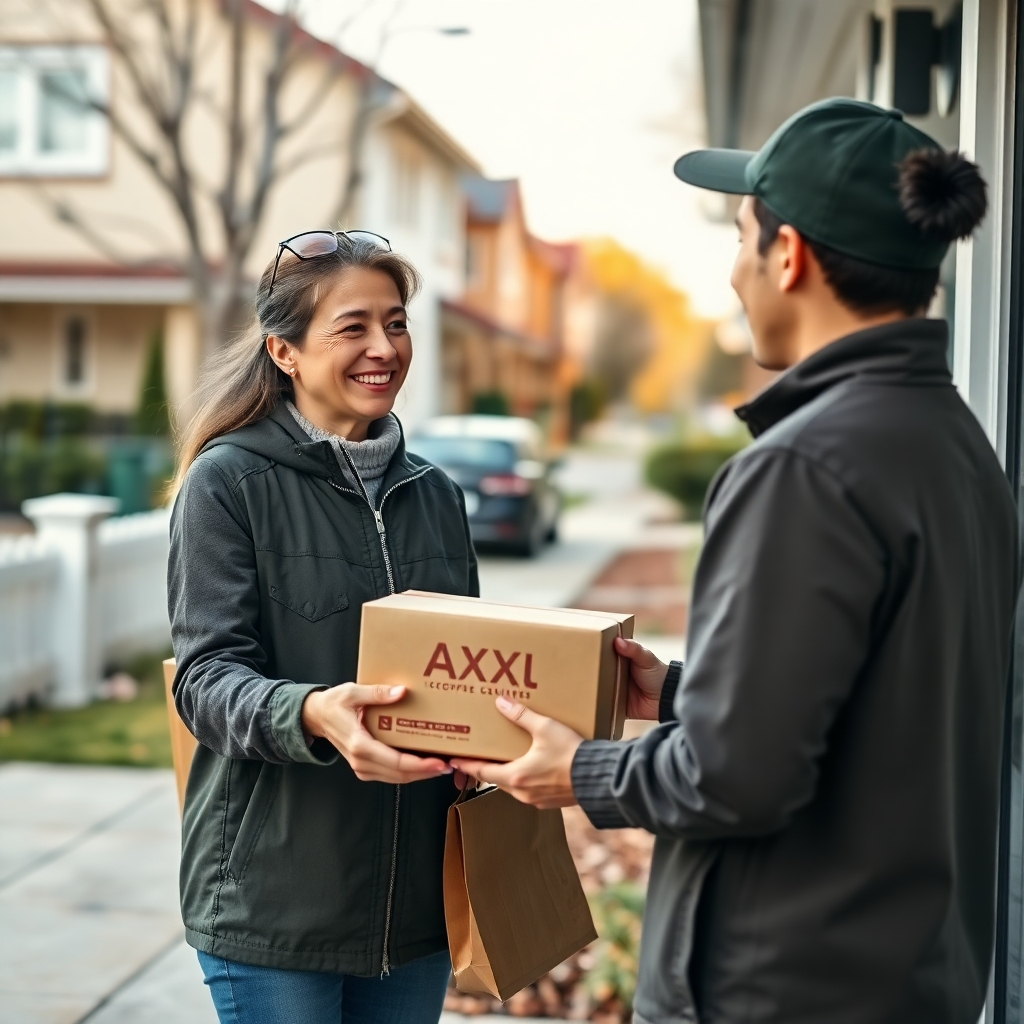 Create a photorealistic image of a delivery person handing a package containing Axxl Cofee coffee beans to a customer at their doorstep. The customer should be smiling and welcoming. The background should show a clean and inviting residential street. Use warm, natural lighting to create a friendly atmosphere. The camera angle should be slightly from the side, capturing the interaction. Style reference: advertising photography for delivery services. Technical specs: 4K resolution, high quality.