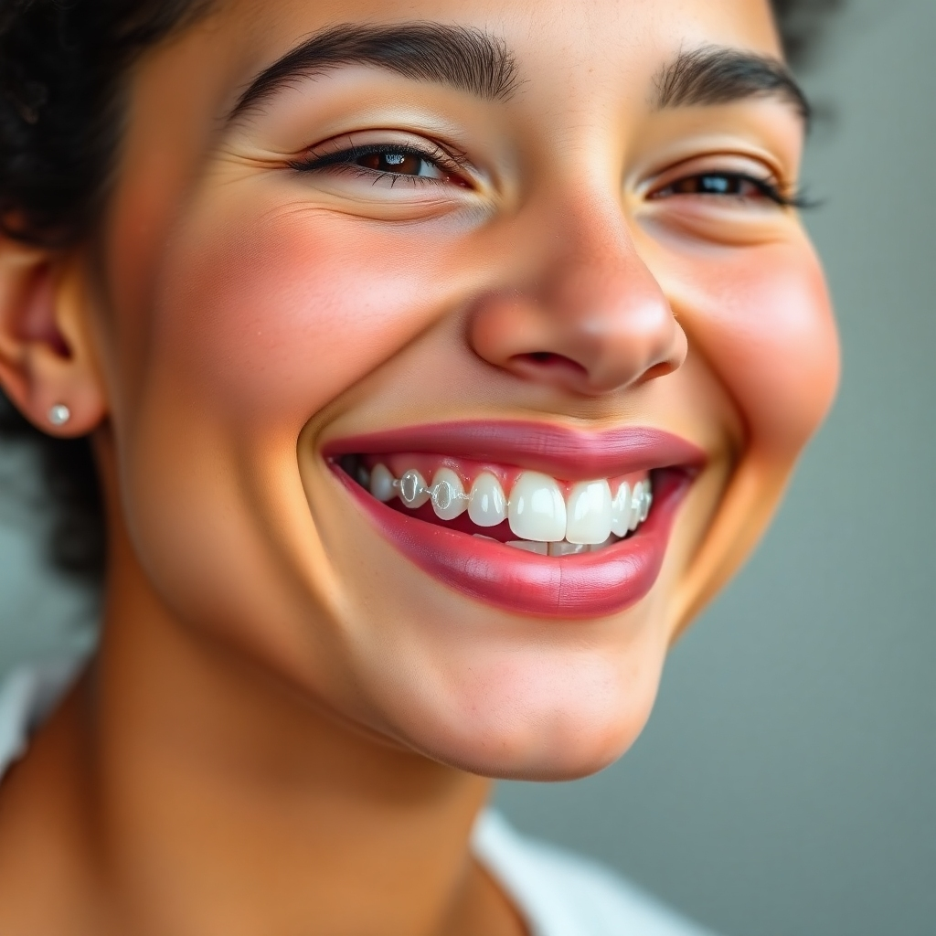 Create a photorealistic image of a person confidently smiling while wearing clear aligners, showcasing their near invisibility. The focus should be on the natural-looking smile and the subtle presence of the aligners.