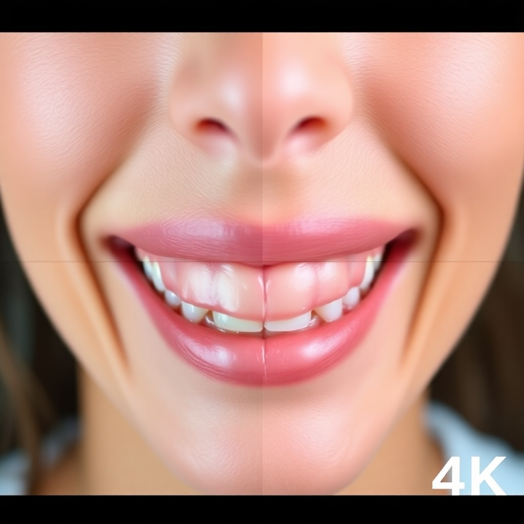 Create a photorealistic image showcasing a person's smile transformation with dental veneers. The image should depict a before-and-after comparison, highlighting the improved aesthetics of the smile after the veneers are applied. The lighting should be flattering and consistent, showcasing the natural look of the veneers. The color palette should be bright and clean, emphasizing the whiteness and alignment of the teeth. Capture the image in 4K resolution, highlighting the details of the veneers and the overall transformation.