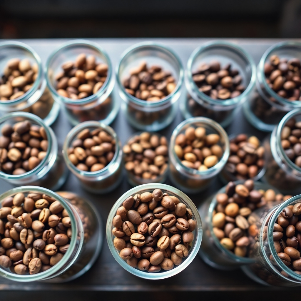 Create a photorealistic image of a variety of coffee beans from around the world displayed in separate glass containers. Focus on capturing the unique colors, textures, and shapes of each type of bean. Use bright, even lighting to showcase the details. The camera angle should be overhead, providing a clear view of the variety. Style reference: product photography with a focus on natural textures. Technical specs: 4K resolution, high quality.