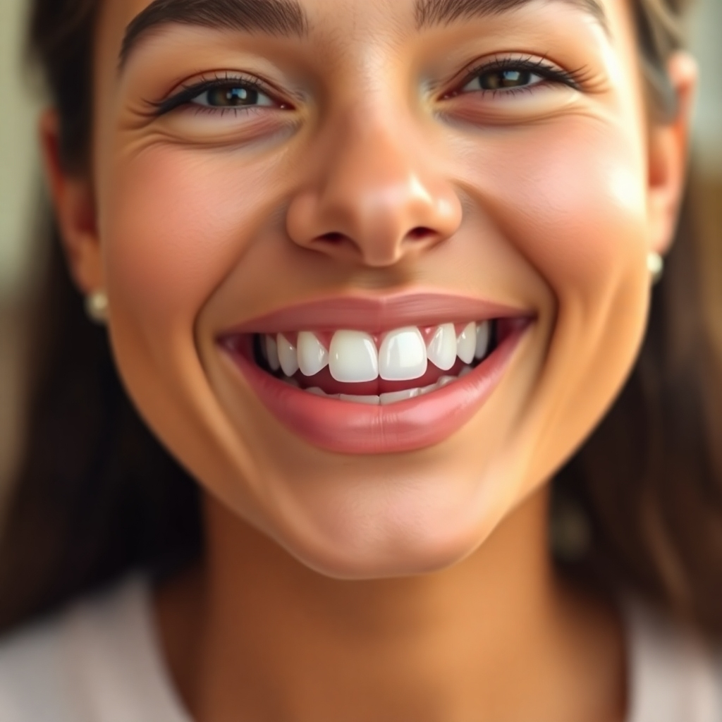 Create a photorealistic image showcasing a person wearing clear aligners for orthodontic treatment. The image should focus on the person's smile, with the clear aligners barely visible. The background should be blurred, emphasizing the naturalness and discretion of the treatment. The lighting should be soft and flattering, highlighting the person's confidence. The color palette should be warm and inviting, conveying a sense of comfort and ease. Capture the image in 4K resolution, showcasing the near invisibility of the aligners.