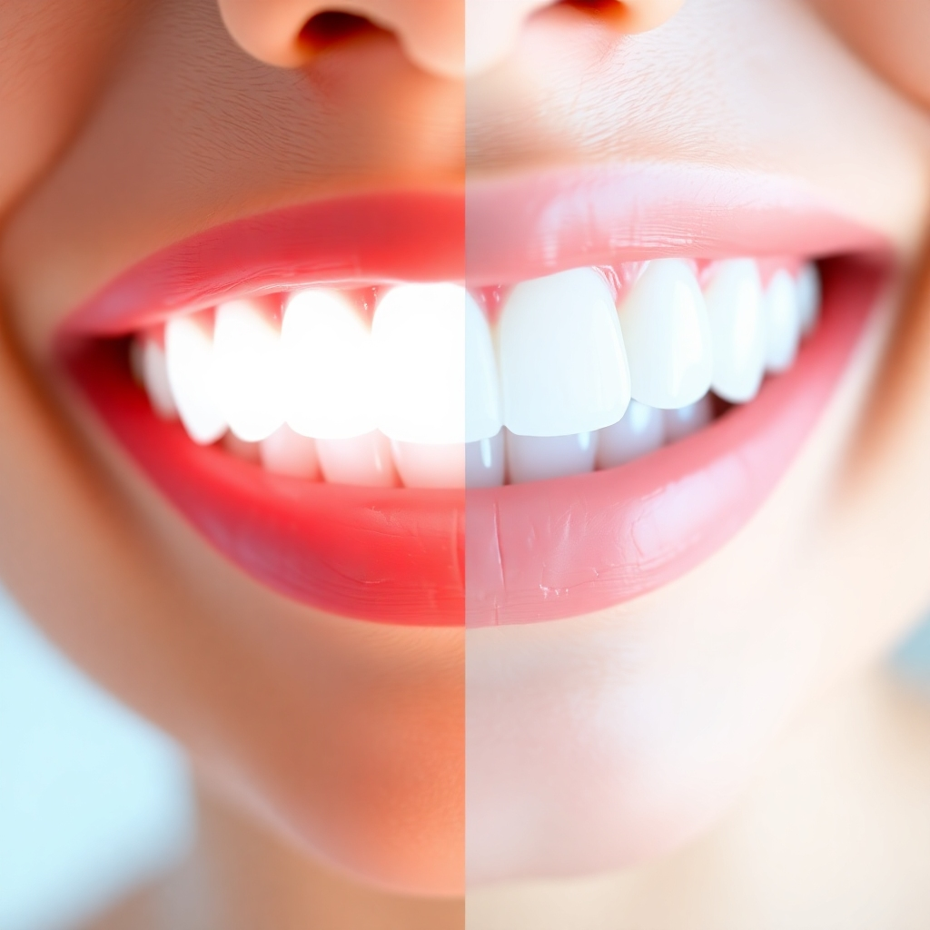 Create a photorealistic image showcasing the results of a professional teeth whitening treatment. The image should depict a before-and-after comparison, highlighting the brighter and whiter shade of the teeth after the treatment. The lighting should be bright and consistent, showcasing the natural look of the whitened teeth. The color palette should be primarily white and light blue, emphasizing the cleanliness and brightness of the smile. Capture the image in 4K resolution, highlighting the details of the teeth and the overall improvement in appearance.
