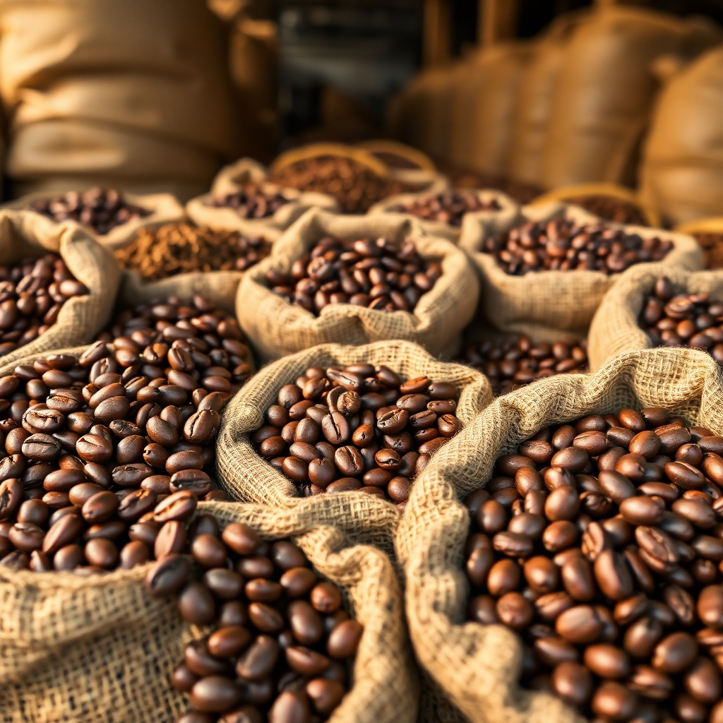 Create a photorealistic image of various coffee beans displayed inside burlap sacks. The focus should be on highlighting the textures of the beans and the sacks. Use warm, natural lighting to give a rustic feel. Close-up shot. Style reference: stock photos from a coffee warehouse. 4K resolution.