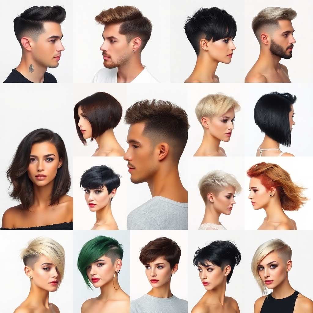 Create a photorealistic image showcasing various trendy haircuts for both men and women. Composition should be a collage with clean lines and contrasting styles to highlight diversity. Lighting should be natural and flattering. The background is a neutral color to emphasize the haircuts.