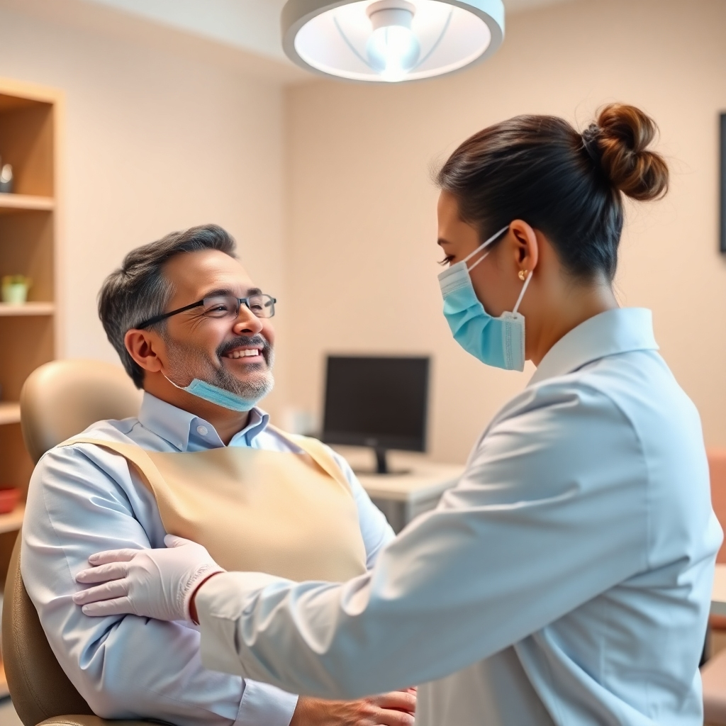 Create a photorealistic image depicting a dentist providing personalized care to a patient. The image should focus on the dentist's compassionate expression and the patient's relaxed demeanor. The background should be a comfortable and inviting consultation room. The lighting should be warm and inviting, conveying a sense of trust and empathy. The color palette should be soft and neutral, creating a calming atmosphere. Capture the image in 4K resolution, showcasing the details of the facial expressions and the overall connection between the dentist and patient.