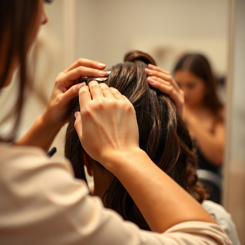 Create a photorealistic image representing the essence of a "Salon de Belleza" (Beauty Salon). The subject is a close-up of a stylist meticulously working on a client's hair, creating a stunning hairstyle. The composition is focused on the hands and hair, highlighting the skill and artistry of the stylist. Lighting should be soft and diffused, creating a relaxing and professional atmosphere. The color palette should be warm and inviting, with natural tones dominating the scene. The camera angle is slightly above, providing a clear view of the styling process. Texture details should be highly realistic, capturing the individual strands of hair, the texture of the stylist's hands, and the subtle details of the styling tools. The environment is a clean and modern salon space, with soft background elements to enhance the focus on the main subject. Style reference: editorial beauty photography. Technical specs: 4K resolution, high quality rendering.