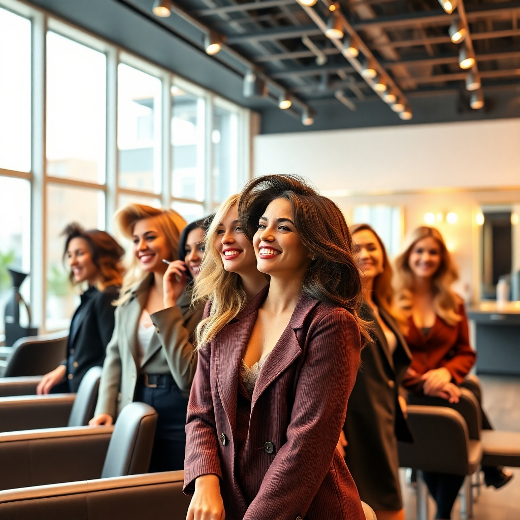 Create a photorealistic, ultra-high-quality header image for a "Hair Salon". The subject is a diverse group of stylish individuals (male and female) showcasing different trendy hairstyles, laughing and interacting in a modern, upscale salon setting. Composition should be a wide shot, capturing the vibrant atmosphere of the salon. Lighting should be warm and inviting, with soft highlights accentuating the hairstyles. The color palette should be rich and sophisticated, with accents of gold and pastel colors. The camera angle is slightly low, emphasizing the energy and dynamism of the scene. Texture details should be incredibly realistic, capturing the shine and movement of the hair, the smooth surfaces of the salon furniture, and the subtle textures of the clothing. The environment is a clean and modern salon, with large windows providing natural light and sleek styling stations. Relevant props include professional hair styling tools, mirrors, and elegant waiting area furniture. Style reference: modern high-end salon photography. Technical specs: 8K resolution, hyperrealistic rendering.