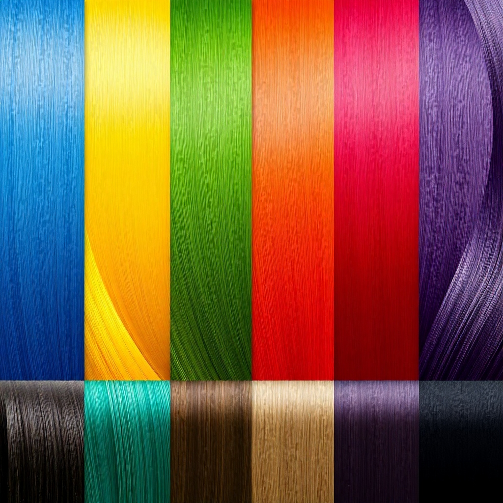 Create a stylized image of a vibrant spectrum of hair color samples, ranging from bold fashion colors to natural tones. The composition should be artistic and eye-catching, showcasing the variety of available hair colors. The background should be a neutral tone to emphasize the colors. Style reference: modern art with focus on color palettes. Technical specs: High resolution.