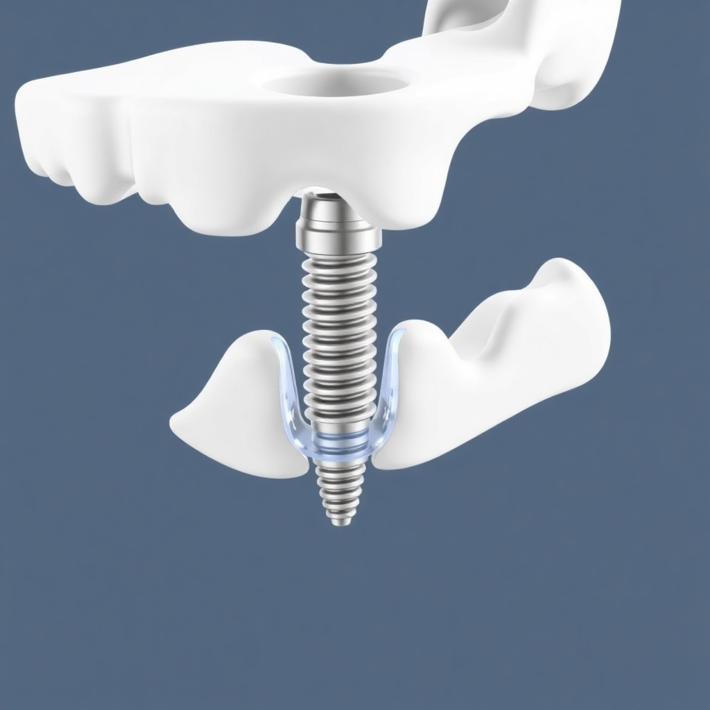 Create a stylized image representing the process of dental implant placement. The image should depict a 3D model of a jawbone with a dental implant being inserted, highlighting the precision and stability of the implant. Use transparent layers to show the internal structure of the jawbone and the implant's connection. The color palette should be primarily white and silver, with subtle accents of blue. The style should be clean and modern, conveying a sense of technological advancement and reliability.