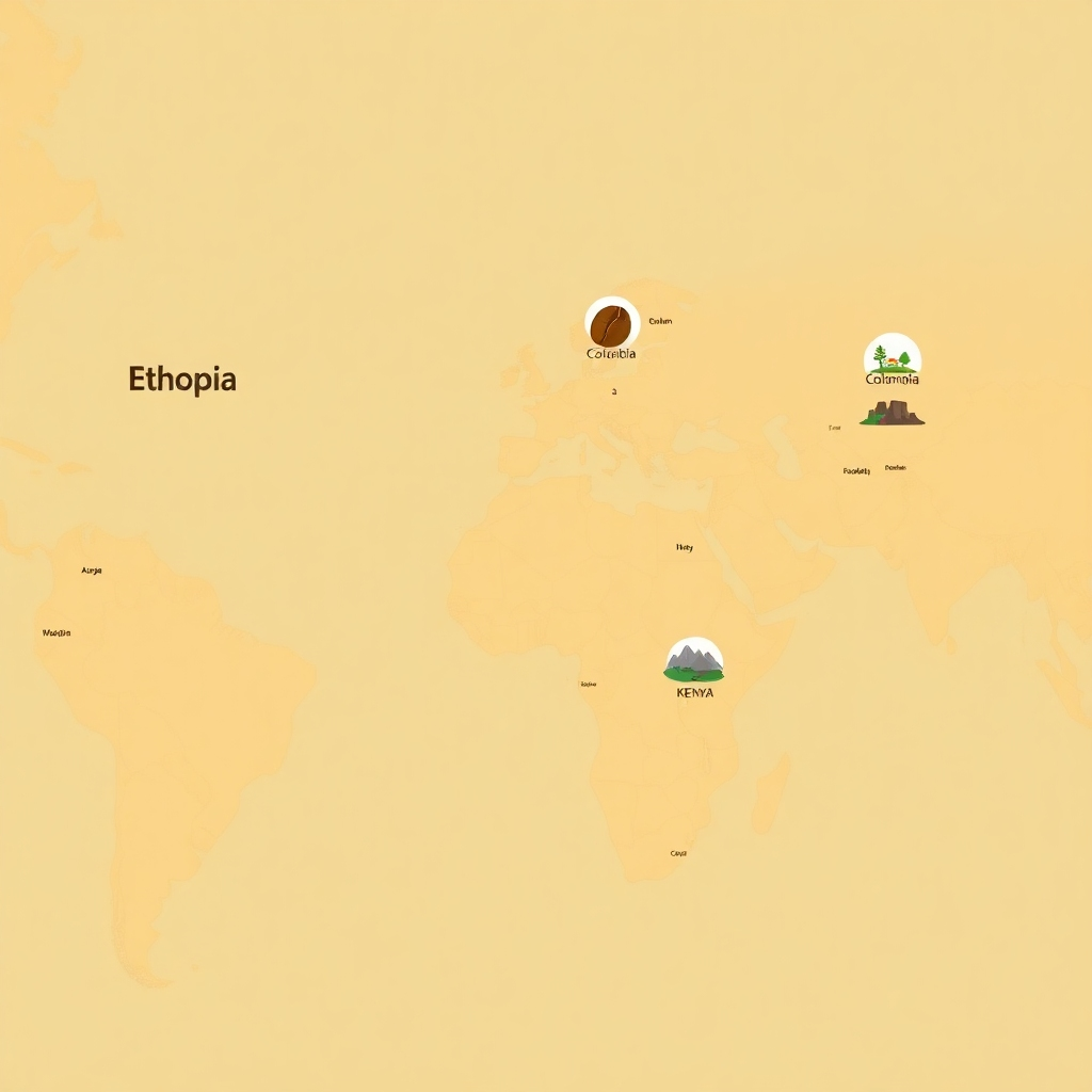 Create a stylized image showcasing a map of the world with highlighted coffee-growing regions such as Ethiopia, Colombia, and Kenya. Above each region, add a small, stylized graphic representing the unique coffee bean or landscape associated with that origin. Use a warm color palette and a slightly illustrative style. The camera angle should be overhead, providing a clear view of the world map. Style reference: infographic design with a focus on coffee origins. Technical specs: 4K resolution, high quality.