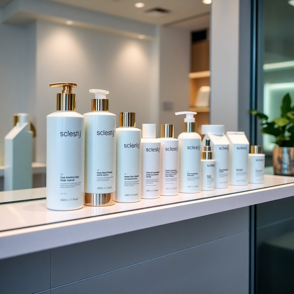 Create a stylized image showcasing a curated selection of high-quality hair care products on a sleek and modern shelf. The composition should emphasize the luxurious packaging and professional branding of the products. Lighting should be soft and flattering, highlighting the texture and details of the products. The background should be a minimalist salon environment. Style reference: beauty product photography. Technical specs: High resolution.
