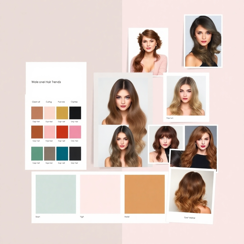 Create a stylized image showcasing a mood board with various hair color swatches and trendy hairstyle inspirations. The composition should be visually appealing and informative, with a focus on modern and innovative hair trends. The background should be minimalistic, drawing attention to the color swatches and hairstyle examples. Style reference: editorial beauty design. Technical specs: High resolution.