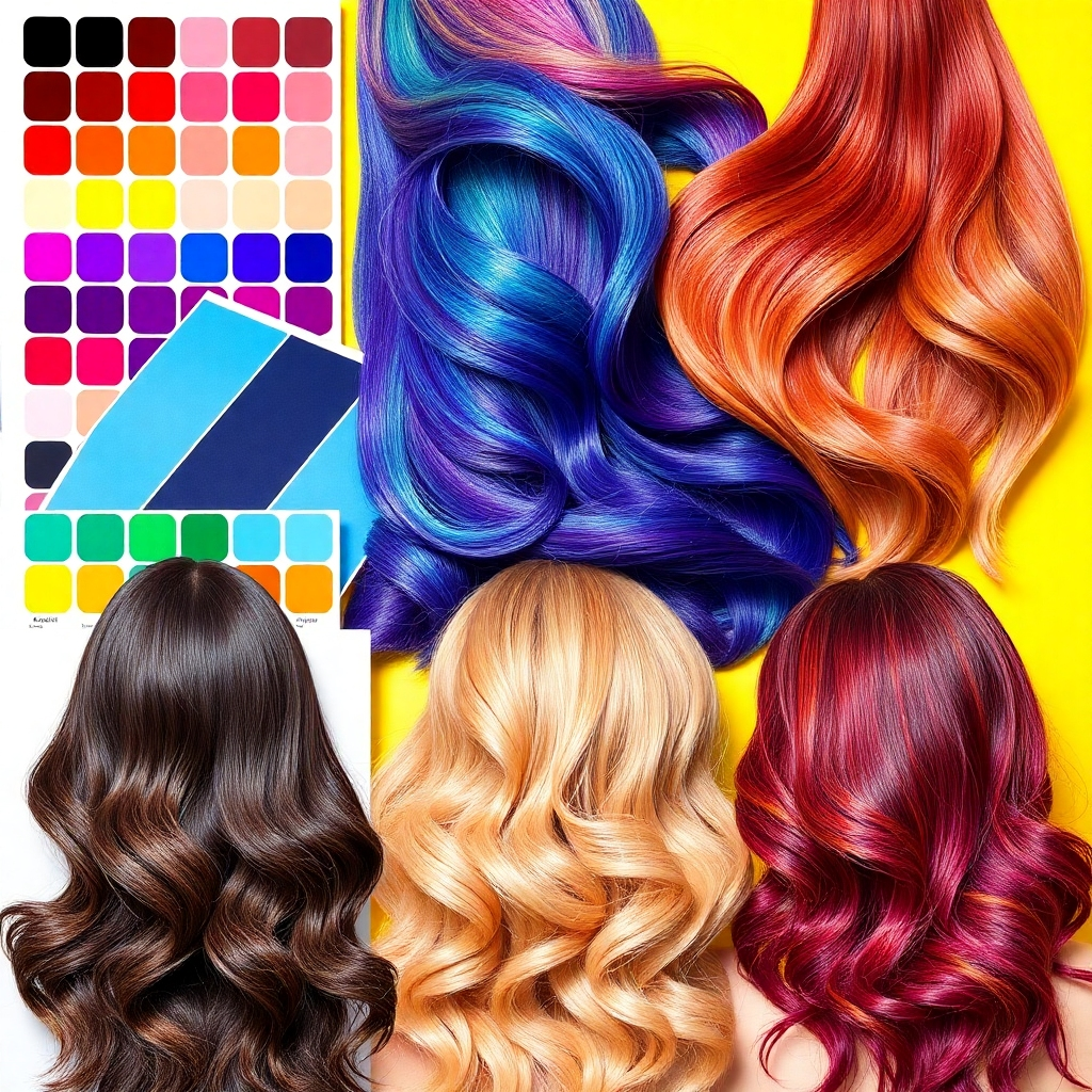 Create a vibrant and stylized image featuring a diverse palette of hair colors and highlighting techniques. The composition includes color swatches, strands of dyed hair, and examples of balayage, ombre, and highlights. The lighting should be bright and dynamic.