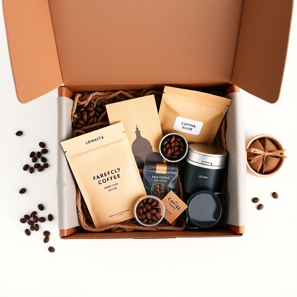 Create a visually appealing image of a coffee subscription box containing carefully selected coffee beans, brewing guides, and small treats. The overall style is modern and inviting. Use top-down perspective. 4K resolution.