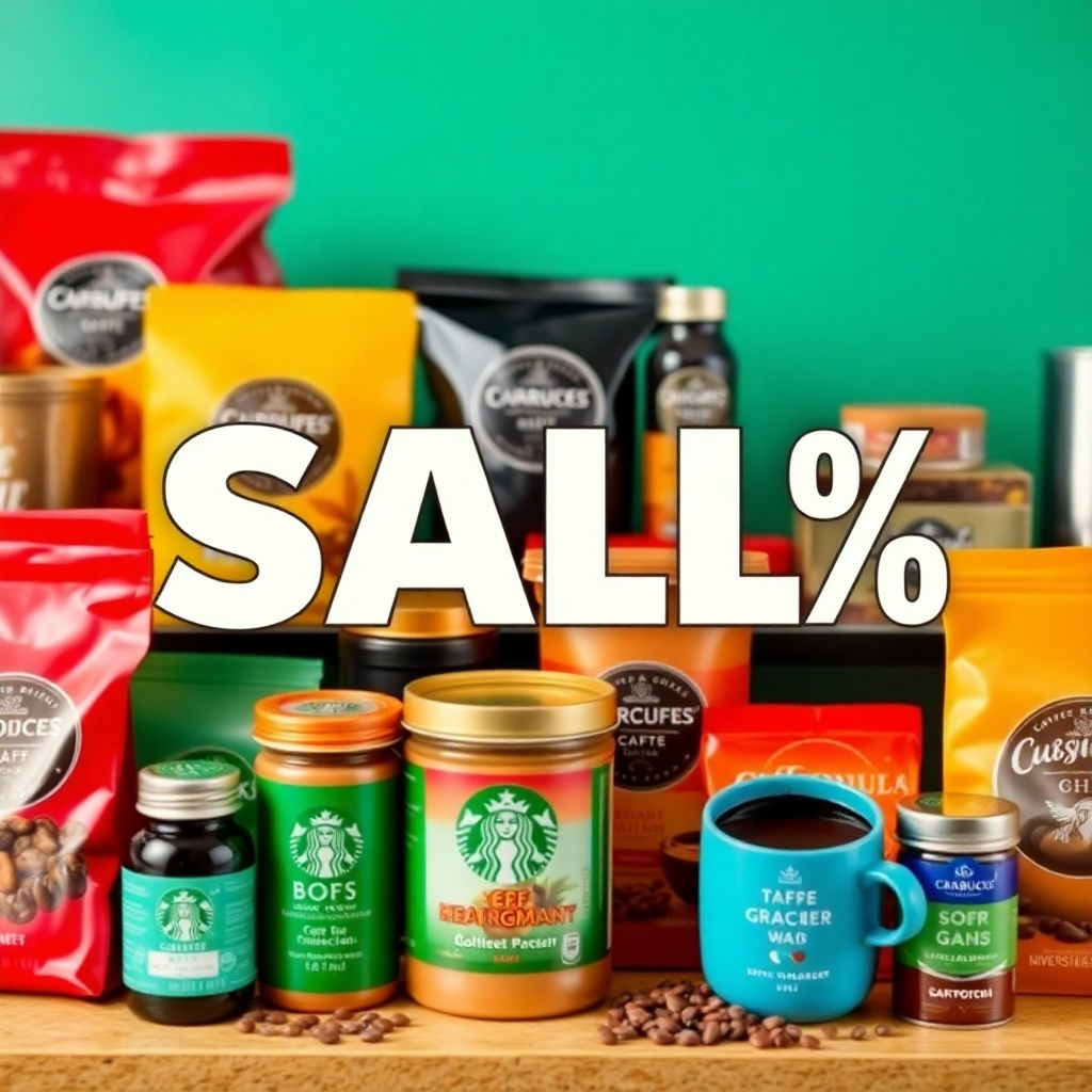 Create a visually appealing image showcasing a variety of coffee products with prominent 'Sale' or 'Discount' tags. The products should be arranged in an attractive way, possibly on a shelf or countertop. Use vibrant colors and clear typography to highlight the offers. The camera angle should be slightly above, providing a clear view of the products and offers. Style reference: e-commerce product photography. Technical specs: 4K resolution, high quality.