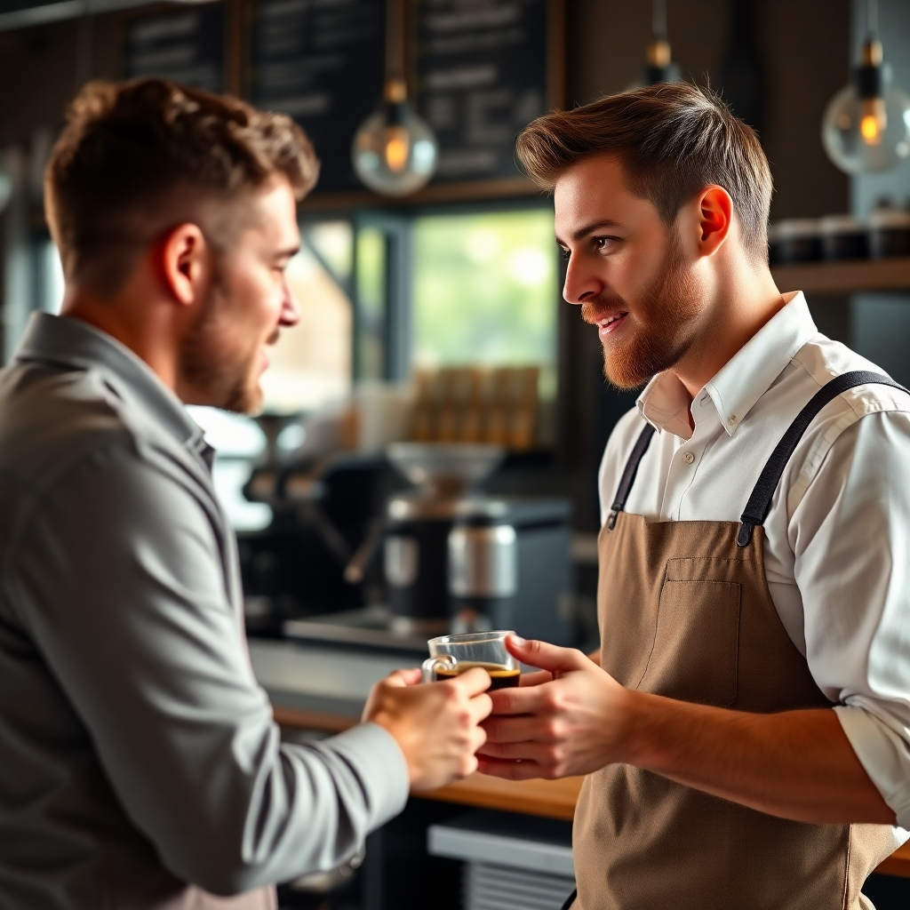Create an image of a barista explaining coffee tasting notes to a customer. Focus should be on warm interaction and professionalism. Use soft and natural light. 4k resolution.