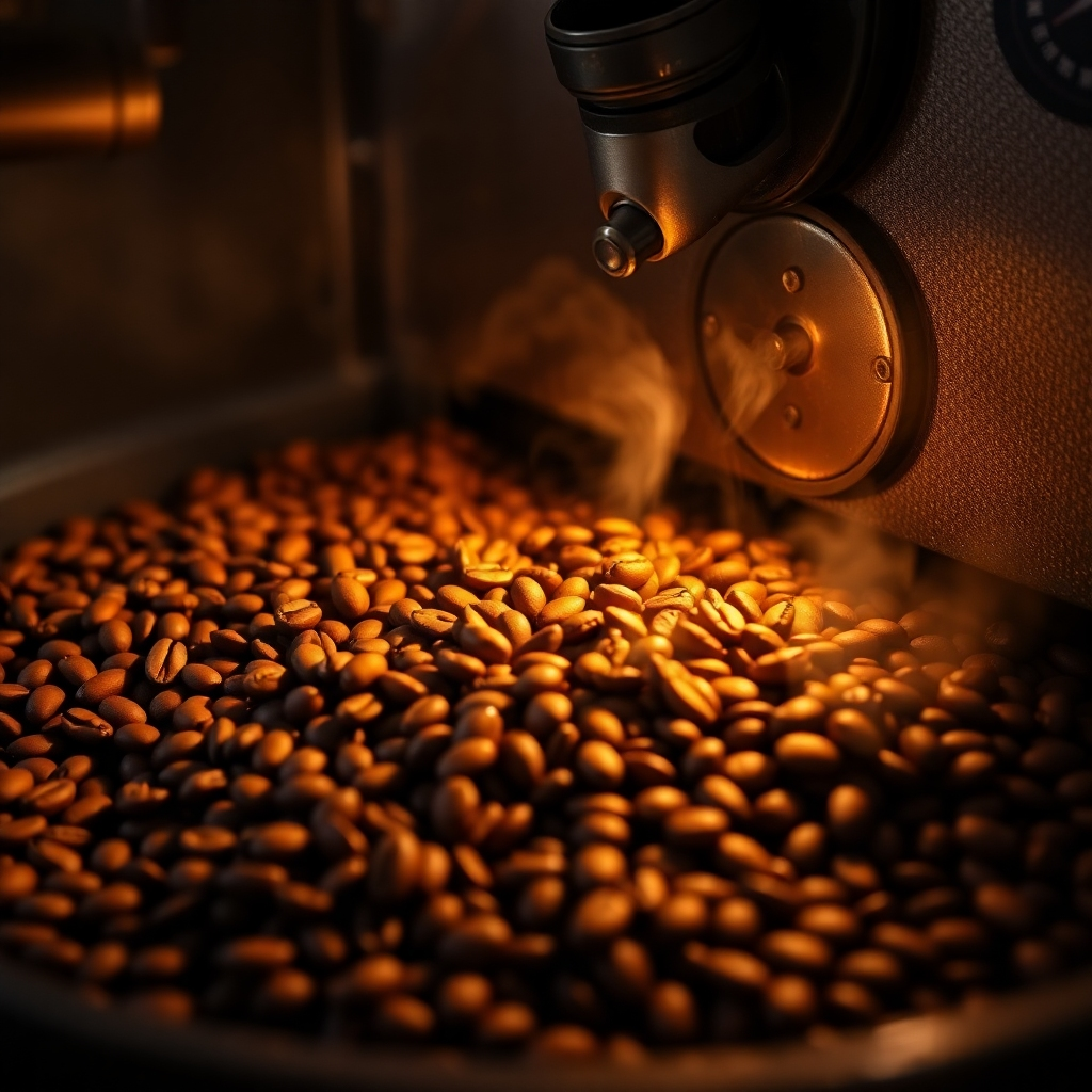 Create an image showing the artisanal roasting process of coffee beans. The focus should be on the roasting machine with coffee beans being roasted. The light should be warm and dramatic, highlighting the movement and change in color of the beans during roasting. Style: Photojournalistic. 4k Resolution, High Quality.