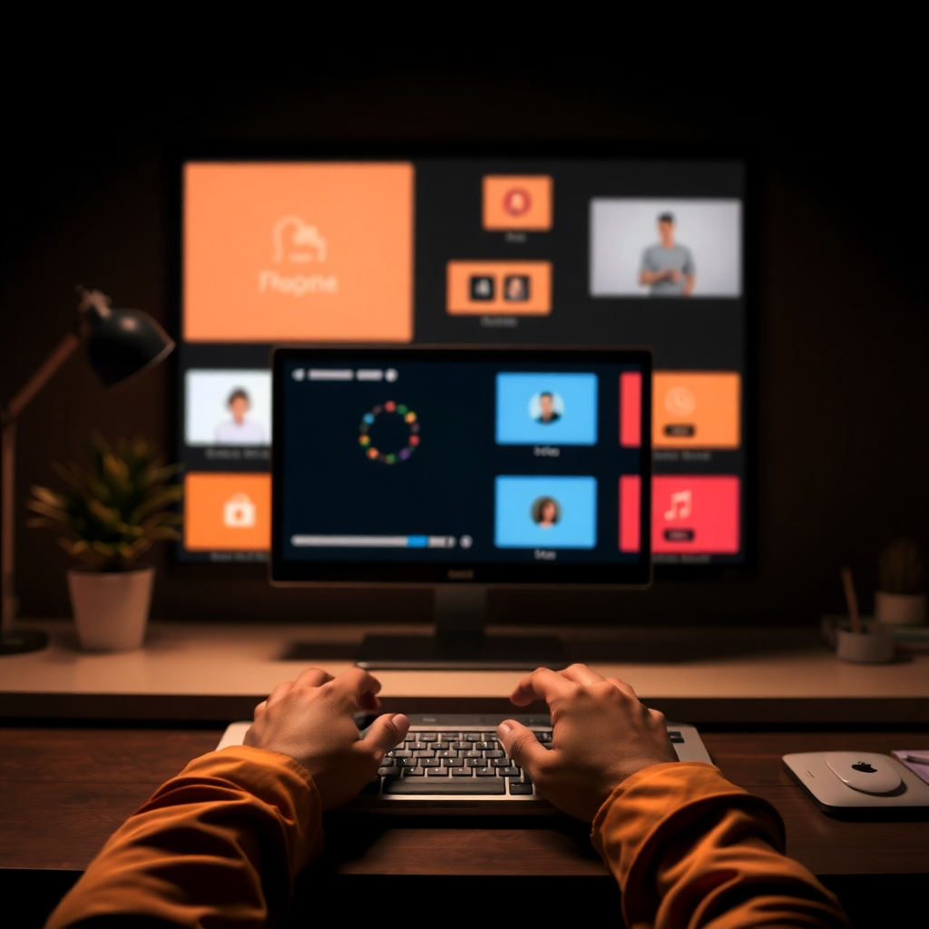 Representante de soporte al cliente amigable con auriculares, sonriendo frente a monitores con software de help desk y artículos de base de conocimiento. Fondo cálido. Resolución 4K, alta calidad.