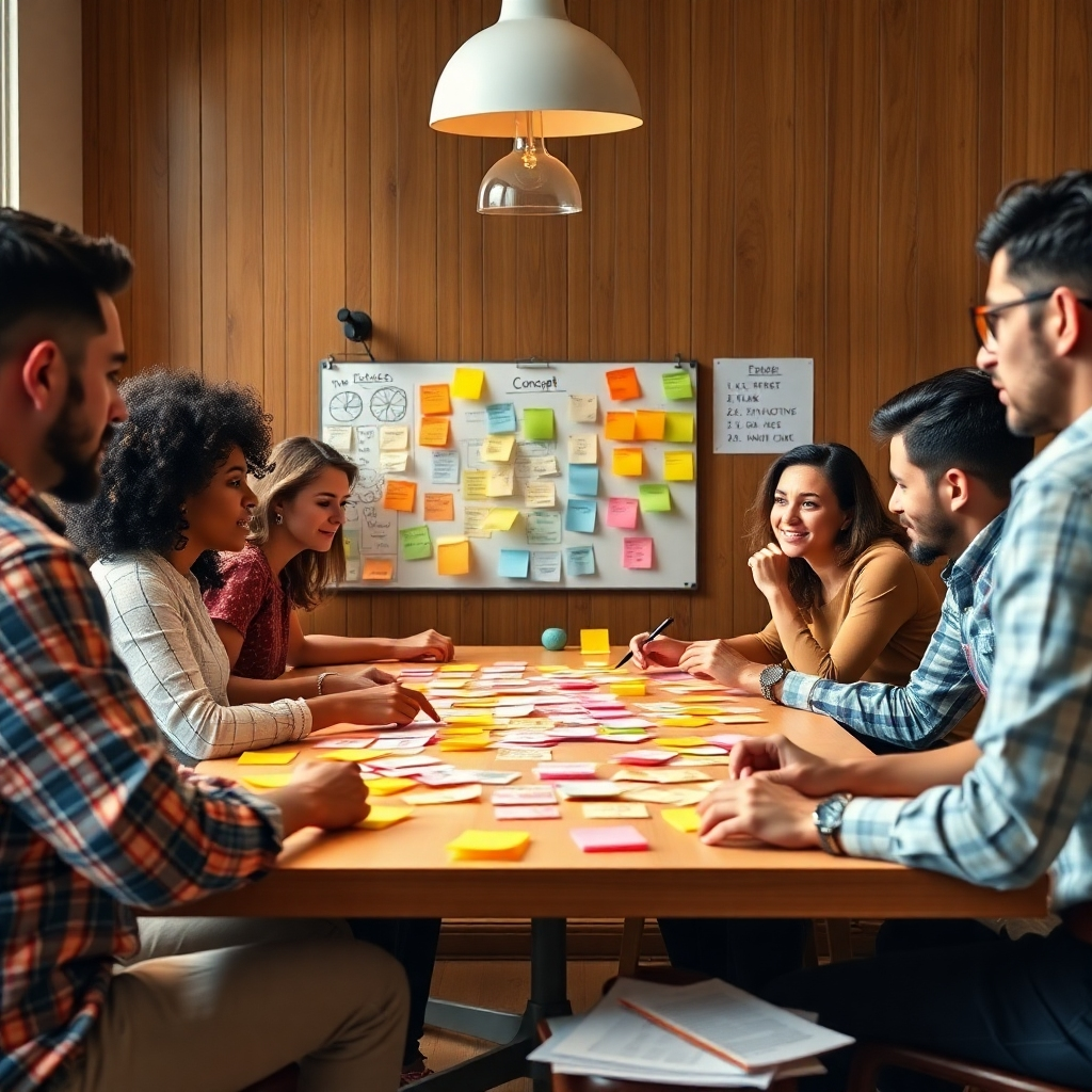  A photorealistic image depicting a diverse group of individuals brainstorming around a table. They are surrounded by colorful sticky notes and concept boards filled with ideas. The atmosphere is collaborative and energetic. Focus on capturing the expressions of creativity and engagement. Warm, natural lighting. 4K resolution.