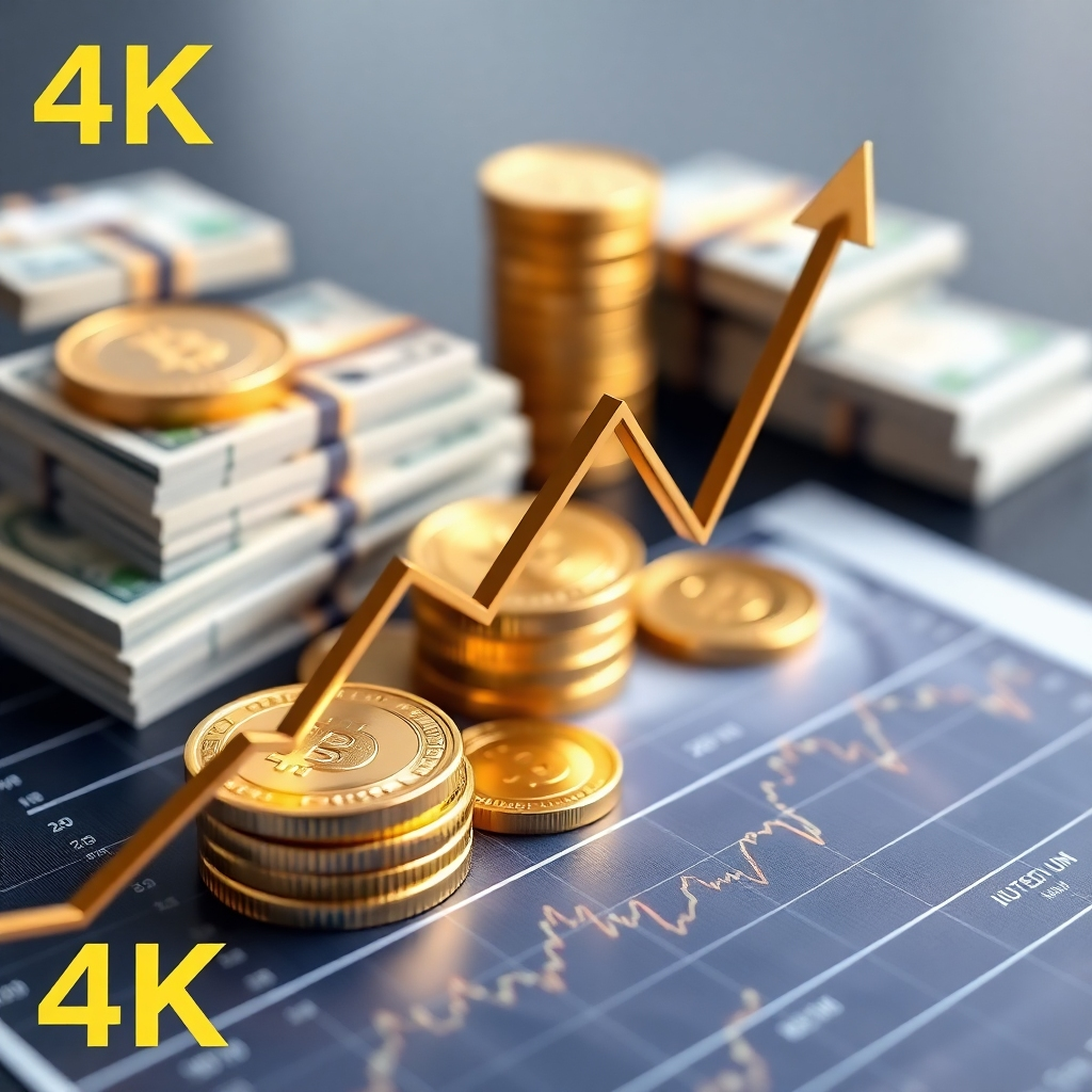A photorealistic image of a financial chart with an upward trend line. Gold coins and stacks of money are subtly placed in the background. The overall image conveys financial success and growth. 4K resolution.