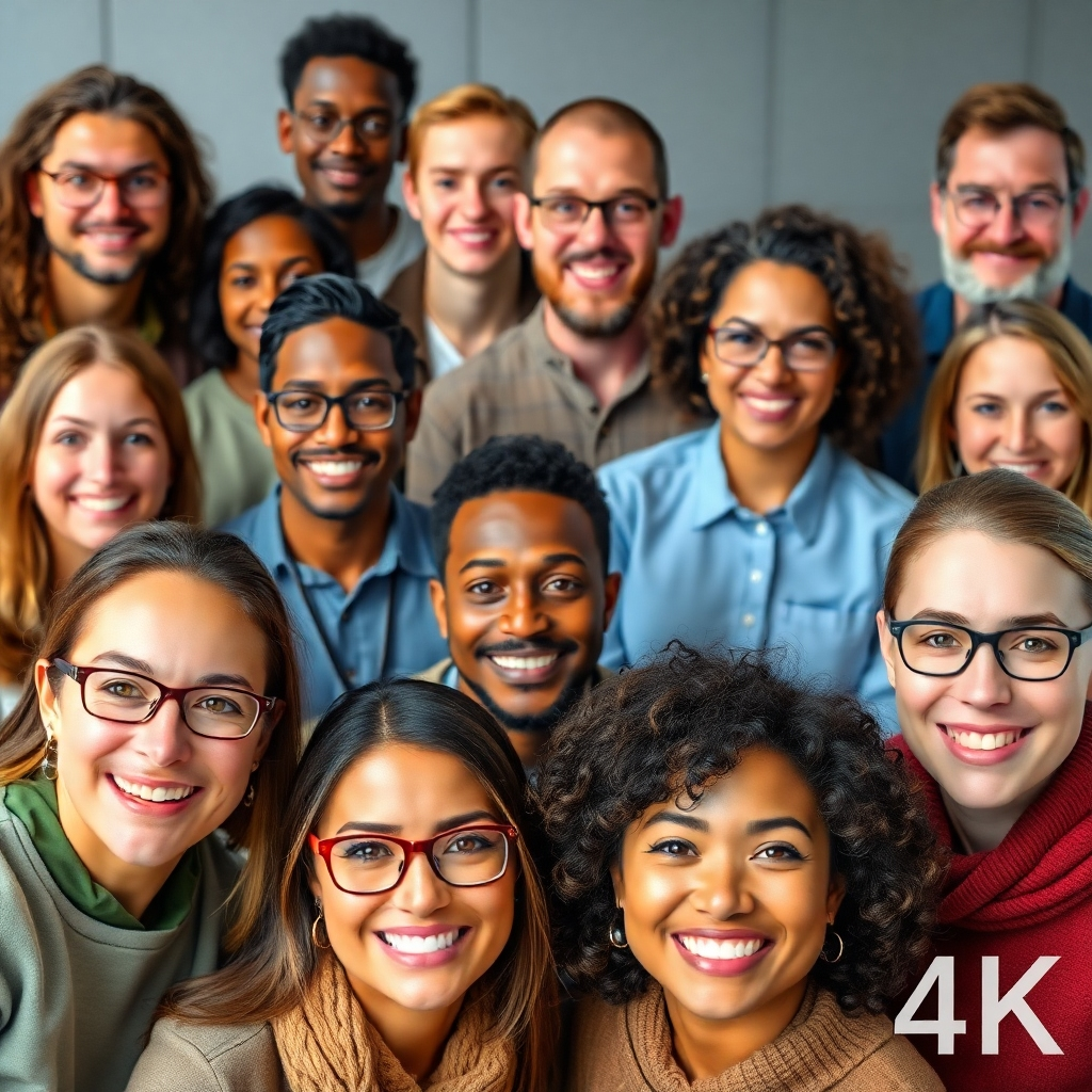 A photorealistic image of a group of diverse individuals, each representing a different profession or interest. They are all looking towards the viewer with a friendly and inviting expression. The overall image conveys inclusivity and diversity. 4K resolution.