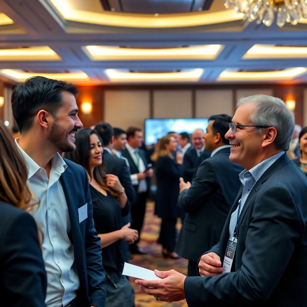  A photorealistic image of people networking at a high-end event. Focus on capturing genuine interactions and smiling faces. The setting is elegant and sophisticated, with soft lighting and stylish décor. 4K resolution.