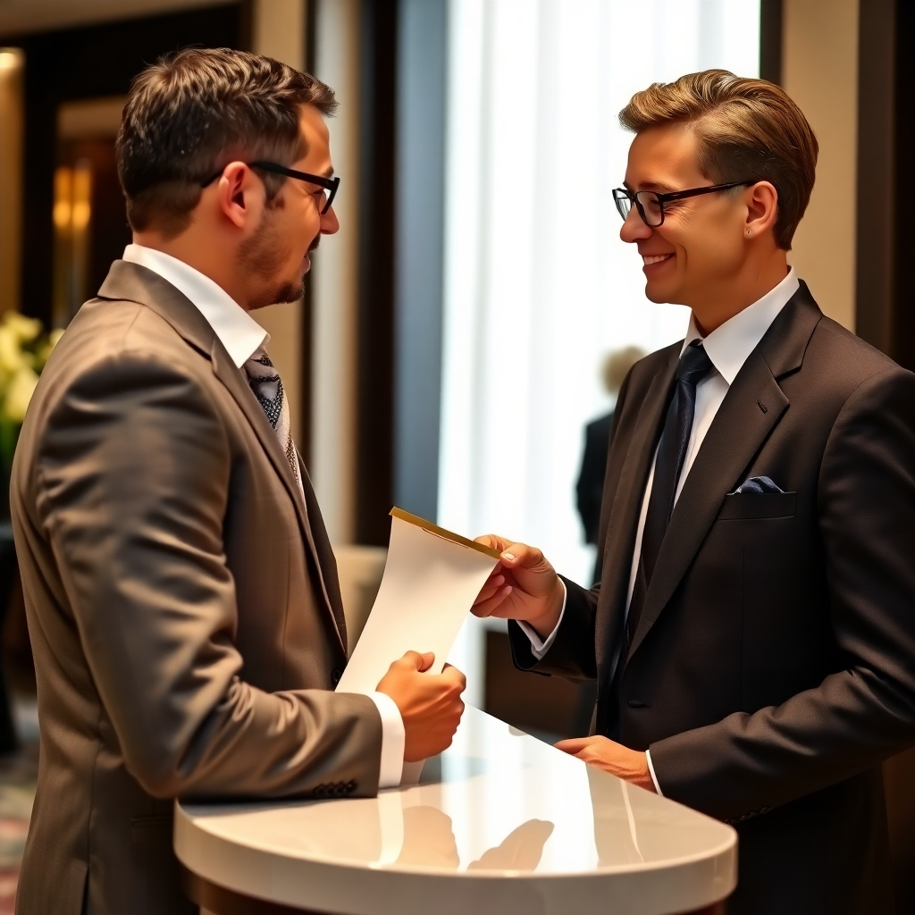A sophisticated image of a concierge assisting a member with a personalized request. The concierge is professional and attentive. The setting is luxurious and welcoming. 4K resolution.