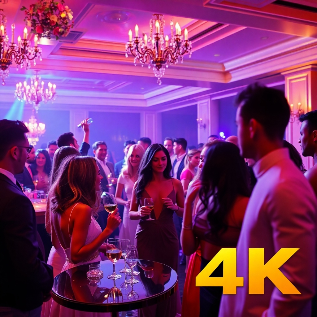 A vibrant image depicting an exclusive party with elegantly dressed guests, soft lighting, and luxurious decorations. Focus on capturing the feeling of excitement and sophistication. 4K resolution.
