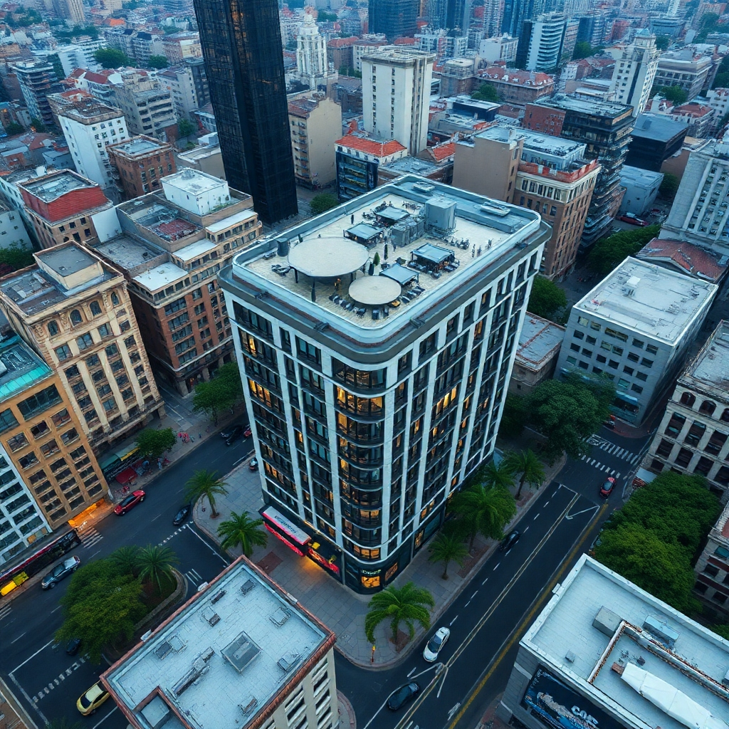 An aerial view of a vibrant city neighborhood with a stylish building highlighted. The building exudes exclusivity and sophistication. The surrounding area is bustling with activity. Natural, diffused lighting. 4K resolution.