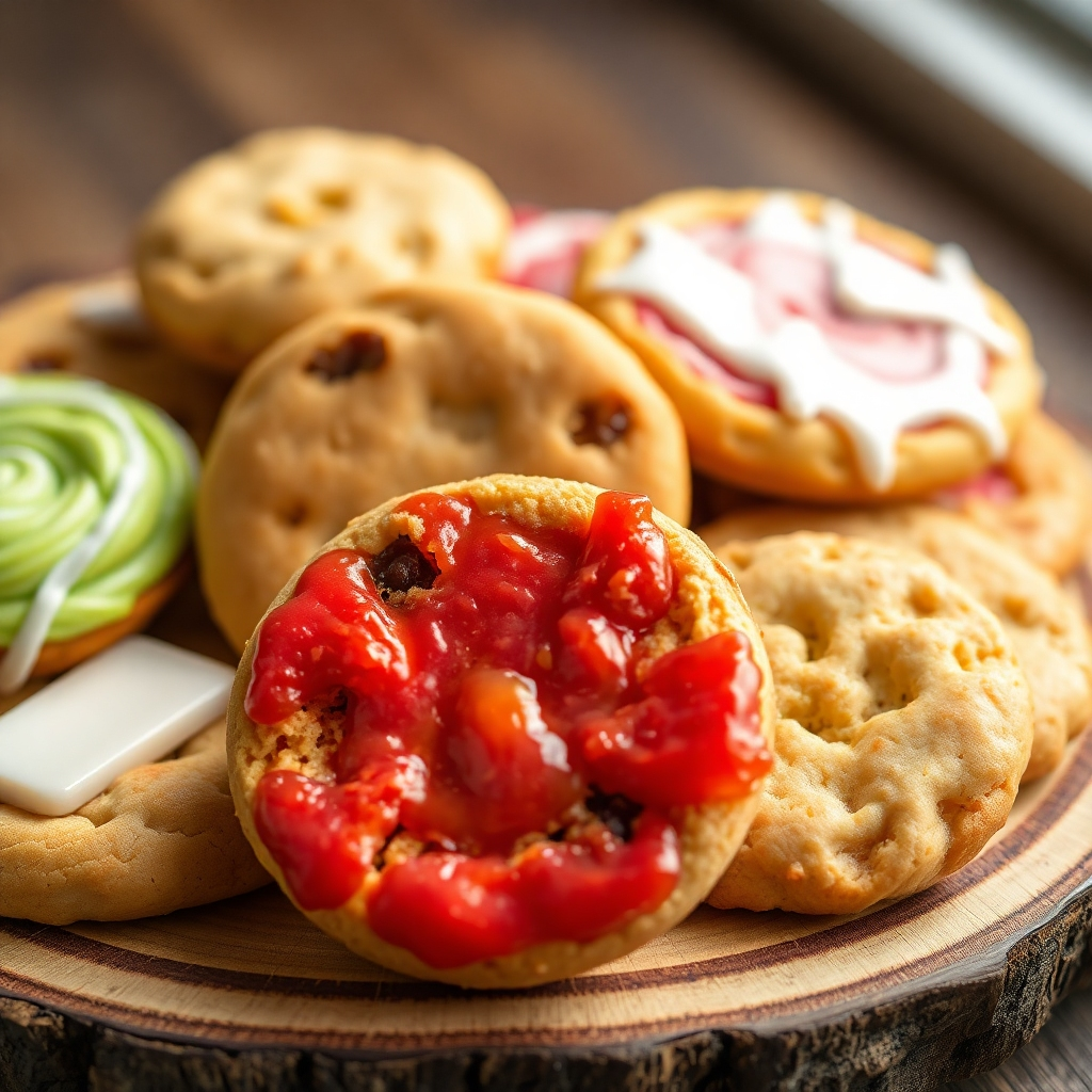 Capture a close-up shot of a variety of colorful, freshly baked cookies and cakes arranged artfully on a rustic wooden platter. Focus on capturing the textures and details of the baked goods, such as the glossy glaze on a cake, the crumbly texture of a cookie, and the flaky crust of a pie. The lighting should be soft and warm, highlighting the colors and textures of the pastries. Style reference: Food photography with a focus on artisanal details. Technical Specs: High-resolution, macro lens.