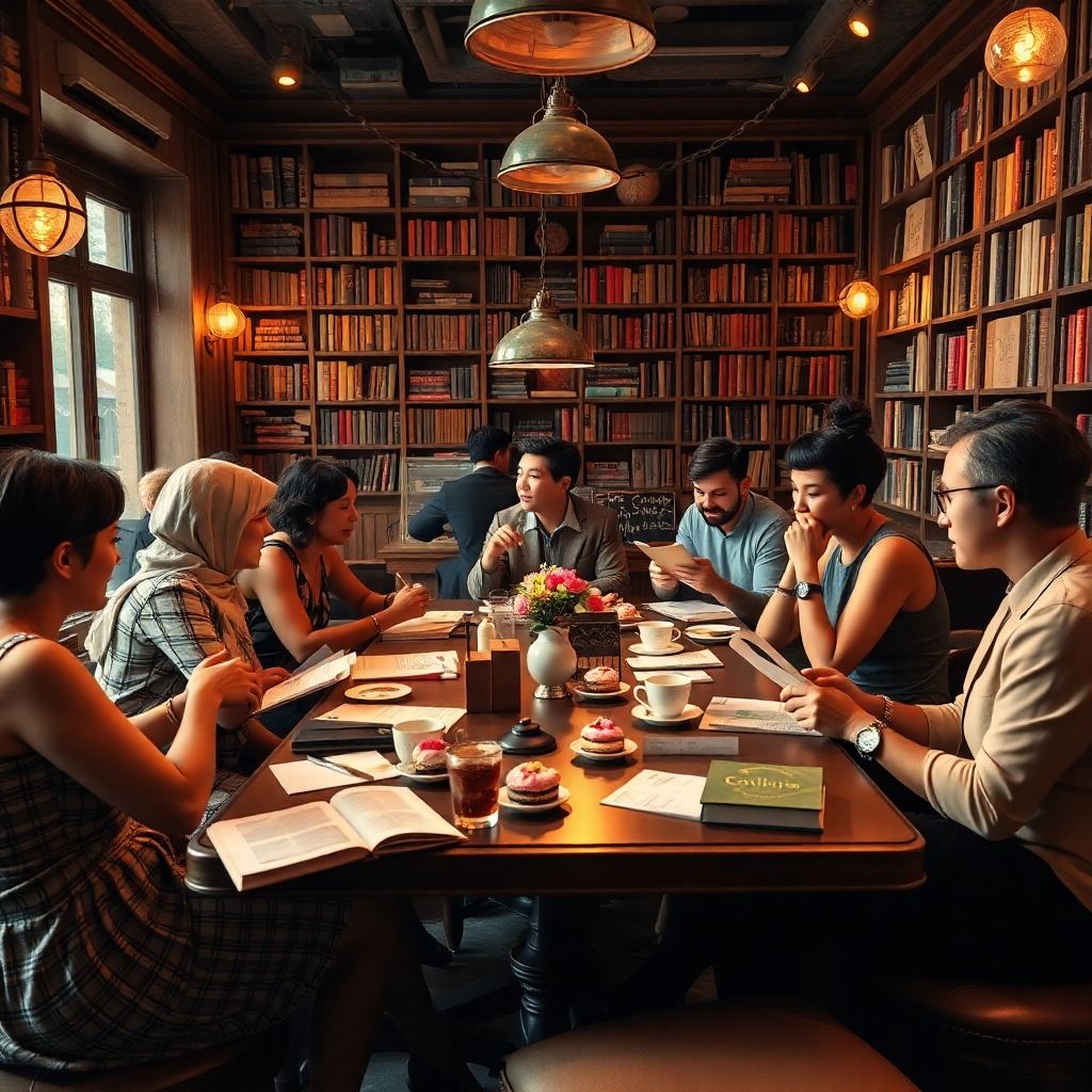 Capture a vibrant, inviting scene within the Cookies & Cakes Gallery cafe. The composition should focus on a central table where diverse individuals are engaged in lively conversation, surrounded by books, papers, and half-eaten pastries. Soft, warm lighting emanates from vintage-style lamps, casting a welcoming glow on the scene. The color palette should be rich and warm, featuring browns, creams, and pops of vibrant colors from the cakes and cookies displayed in glass cases. The camera angle should be slightly elevated, offering a view of the entire table and the surrounding cafe environment, hinting at further cozy nooks and bookshelves. Pay close attention to texture details – the smooth glaze on the pastries, the worn leather of the books, the delicate patterns on the china. The environment should feel both intellectual and playful. Props like vintage coffee pots, quirky art pieces, and overflowing bookshelves should contribute to the cafe's unique character. Style reference: A blend of Parisian salon and a modern-day library. Technical Specs: 8K resolution, hyperrealistic rendering.