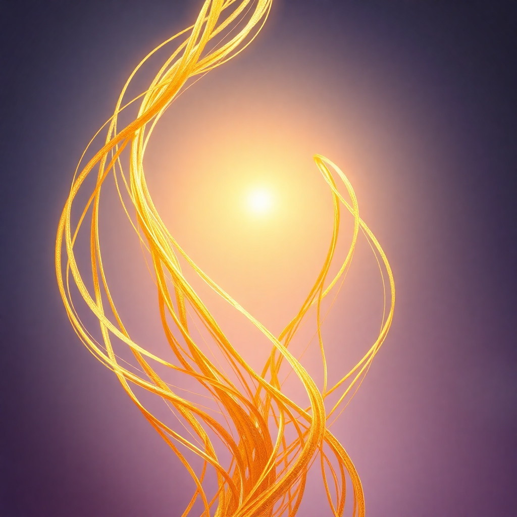 Create a stylized, photorealistic image representing the essence of 'c'. The image should depict an abstract representation of connection and community. Intertwining golden threads, symbolizing relationships, should rise from a central point, representing 'c', towards a bright, softly diffused light source. The threads should be of varying thicknesses, textures, and shades of gold to represent diversity. The background should be a soft, gradient blend of deep blues and purples, creating a sense of mystery and exclusivity. The lighting should be subtle, with a focus on highlighting the golden threads. Consider a minimalistic approach, allowing the concept of connection to be the primary focus. Inspired by modern abstract art and the symbolism of intertwined pathways. 4K resolution, high quality.