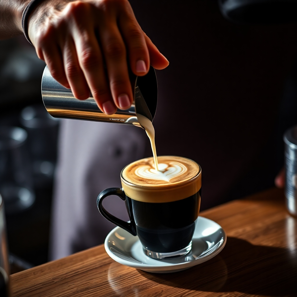 Create an image of a barista skillfully pouring latte art into a cup of coffee. Focus on capturing the movement and precision of the barista's hand, as well as the rich, creamy texture of the milk foam. Use dramatic lighting to highlight the coffee and the surrounding environment. Style reference: Documentary photography meets food photography. Technical Specs: High-resolution, shallow depth of field.