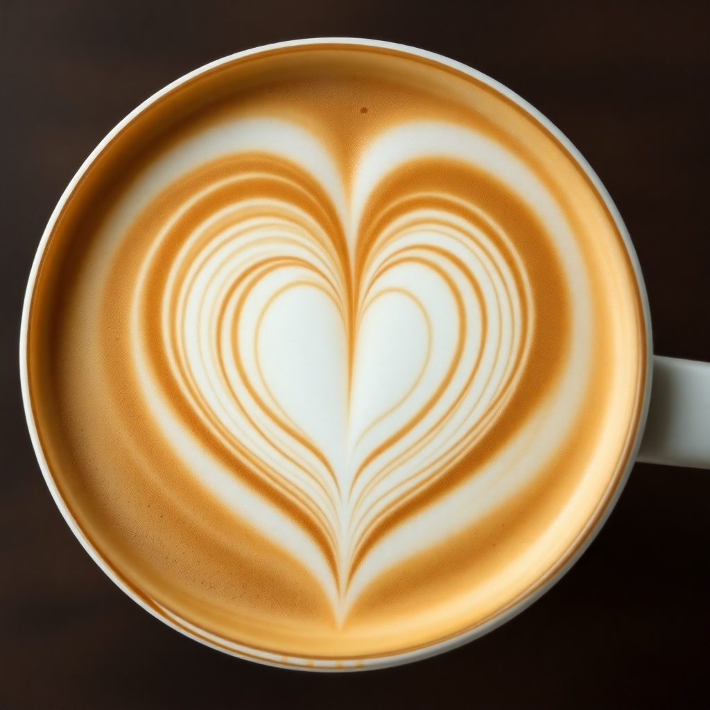  Create an image of a perfectly crafted latte art heart, with abstract representations of ideas and conversations swirling within the coffee foam. Use a shallow depth of field to emphasize the latte art and create a sense of depth. Style reference: Food photography meets abstract art. Technical Specs: High-resolution, photorealistic.