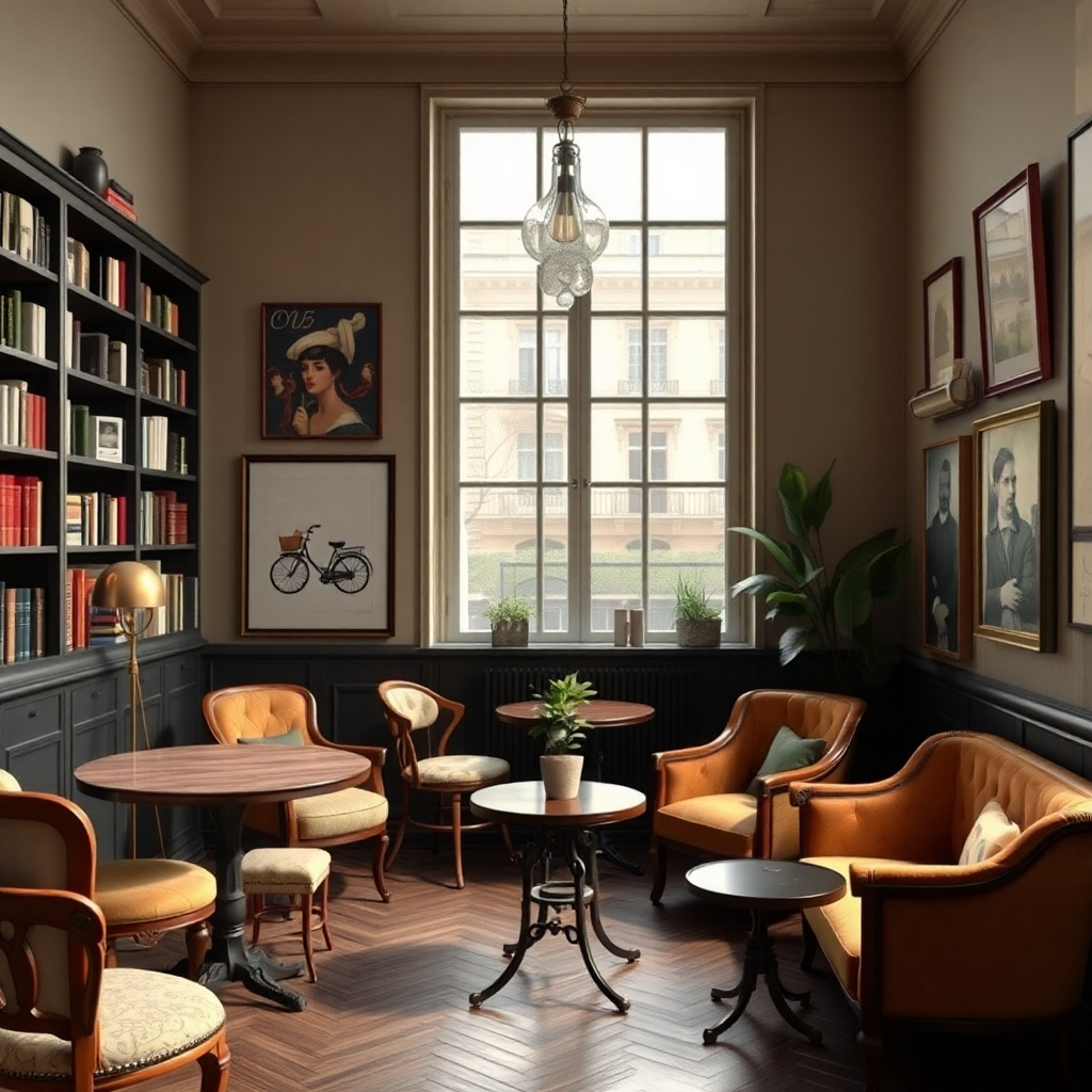 Depict a cafe scene that blends elements of a Parisian salon with a modern co-working space. Include vintage furniture, bookshelves filled with classic literature, and contemporary art pieces. Use soft, diffused lighting to create a timeless atmosphere. Style reference: Impressionism meets modern design. Technical Specs: High-resolution, photorealistic.