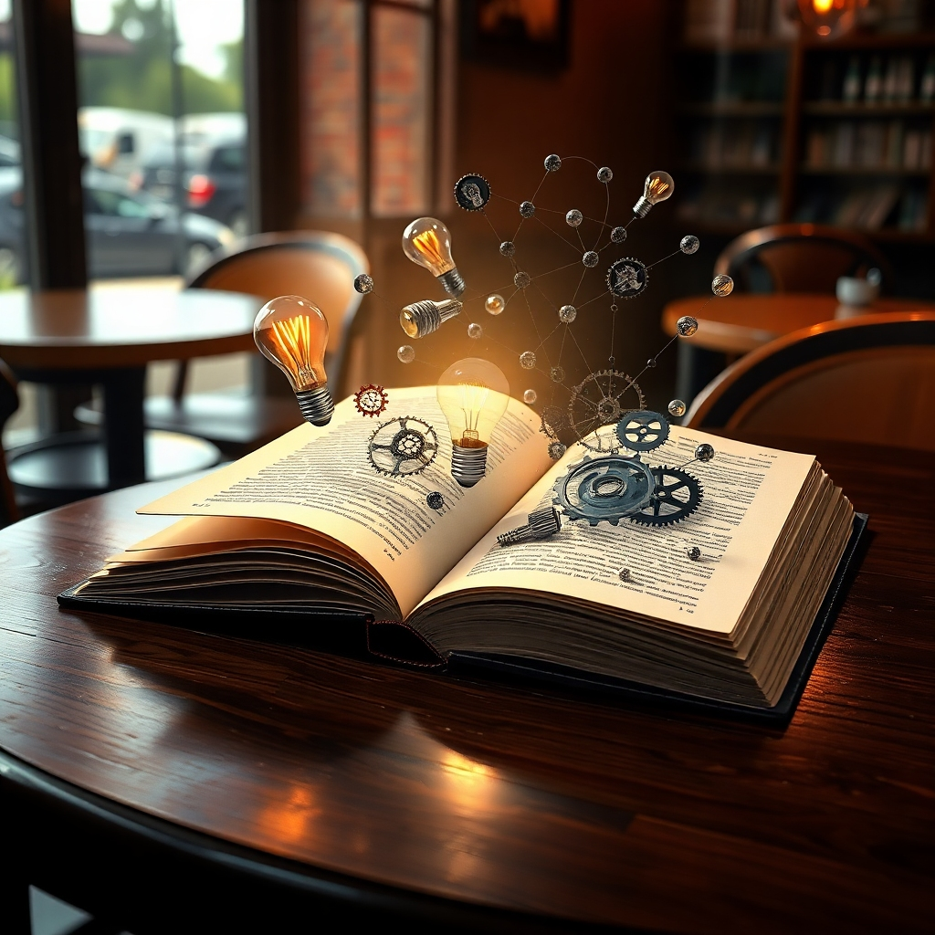  Depict an open book lying on a cafe table, with abstract images of lightbulbs, gears, and interwoven connections rising from its pages. The lighting should be soft and diffused, highlighting the book and the surrounding atmosphere. Style reference: Surrealism meets photo realism. Technical Specs: High-resolution, photorealistic rendering.