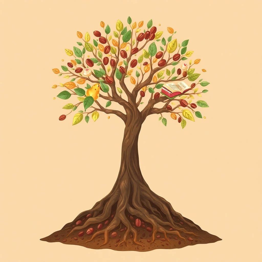 Illustrate a growing tree with roots reaching deep into the earth and branches reaching towards the sky, symbolizing the growth and development of ideas. Integrate elements of the cafe into the tree, such as coffee beans, cake frosting, and book pages. Use a warm, natural color palette to create a sense of growth and vitality. Style reference: Botanical illustration meets abstract art. Technical Specs: High-resolution, photorealistic.