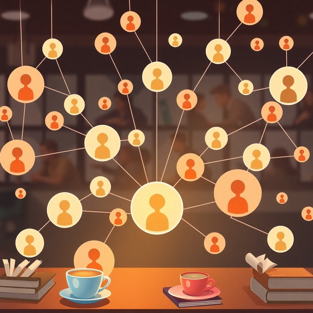 Illustrate a network of interconnected circles, each representing a person, with lines of light flowing between them. The circles should be subtly integrated with elements of the cafe, such as coffee cups, pastries, and books. Use a warm, inviting color palette to create a sense of community and connection. Style reference: Data visualization meets abstract art. Technical Specs: High-resolution, photorealistic.